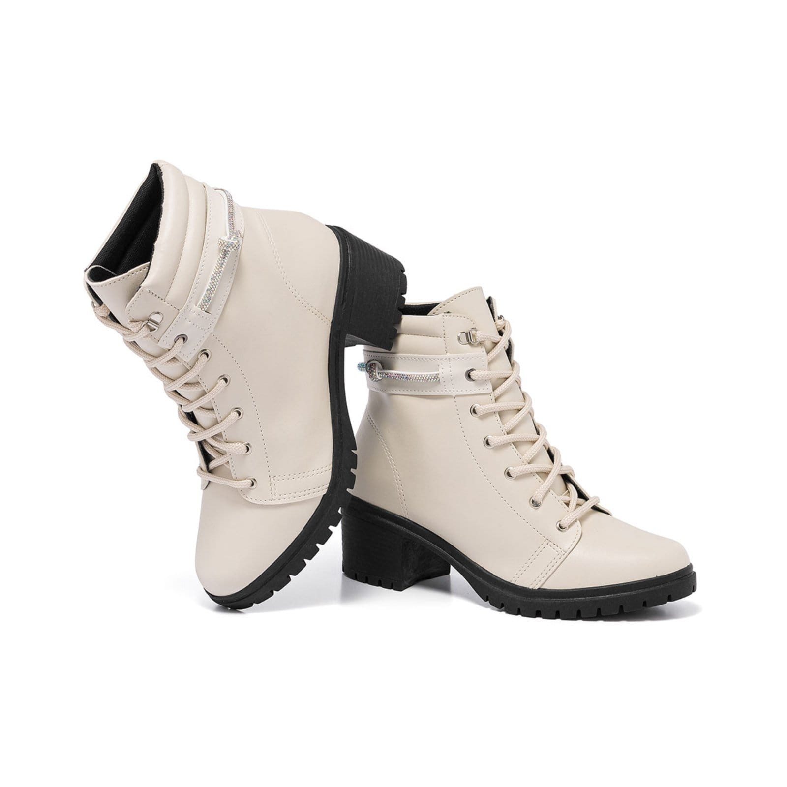 Vista 2 Bota Coturno Feminina Cano Baixo Tratorada Off White Confort Strass Stessy Shoes off-white white