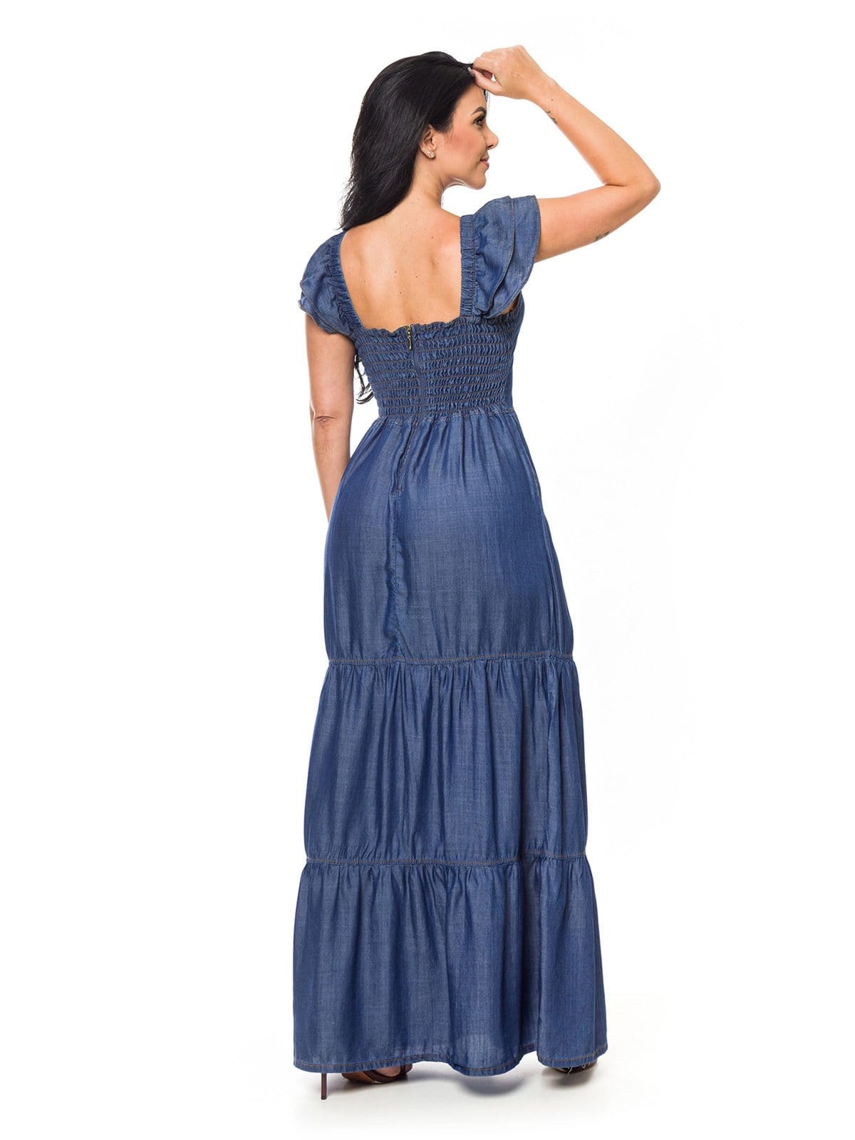 Vista 2 Vestido Longo Restrito Jeans Liocel com Lastex ESCURO Restrito Jeans azul