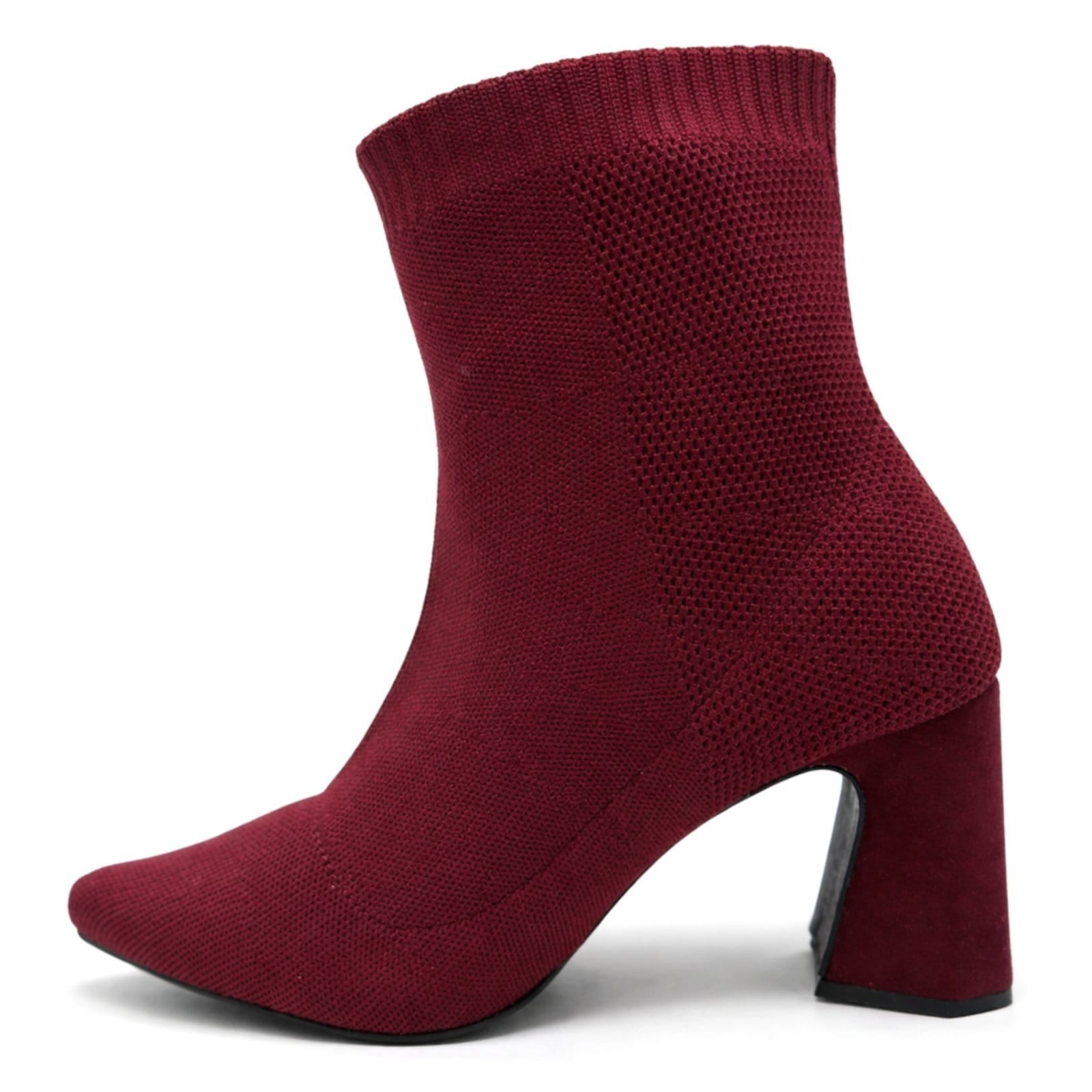 Vista principal Bota Feminina Meia Tecido Knit Cano Curto Bico Fino Flor da Pele 184000 Flor da Pele vinho