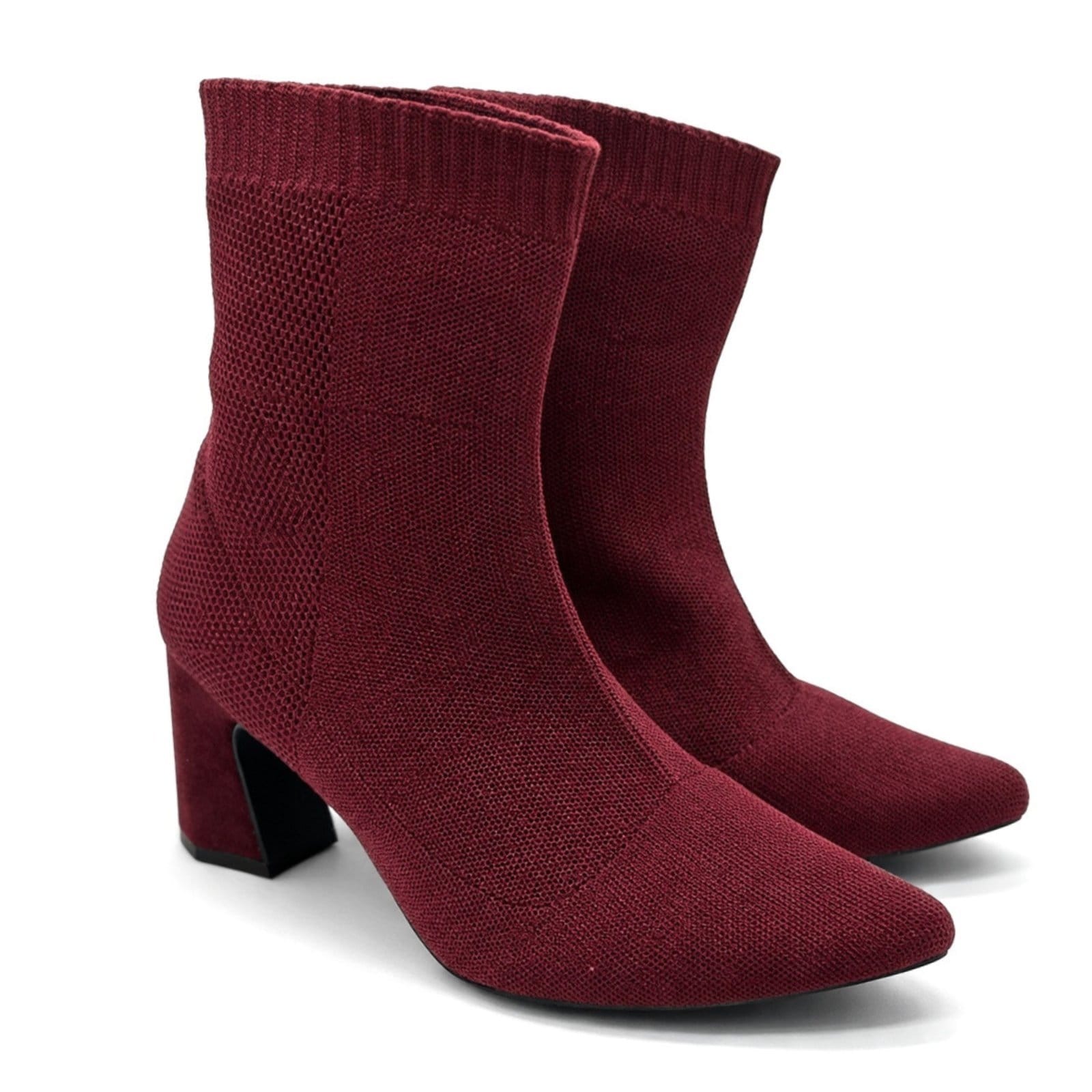 Vista 2 Bota Feminina Meia Tecido Knit Cano Curto Bico Fino Flor da Pele 184000 Flor da Pele vinho