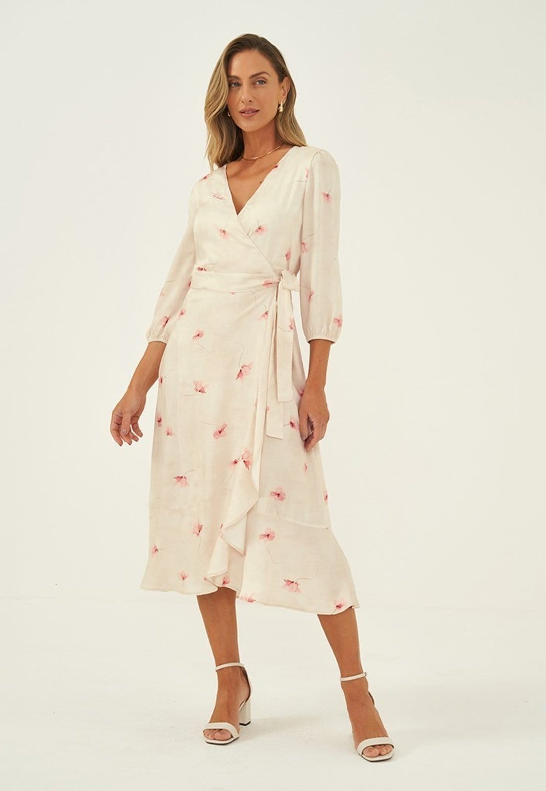 Vestido Midi em Viscose Estampada Baunilha Sonia