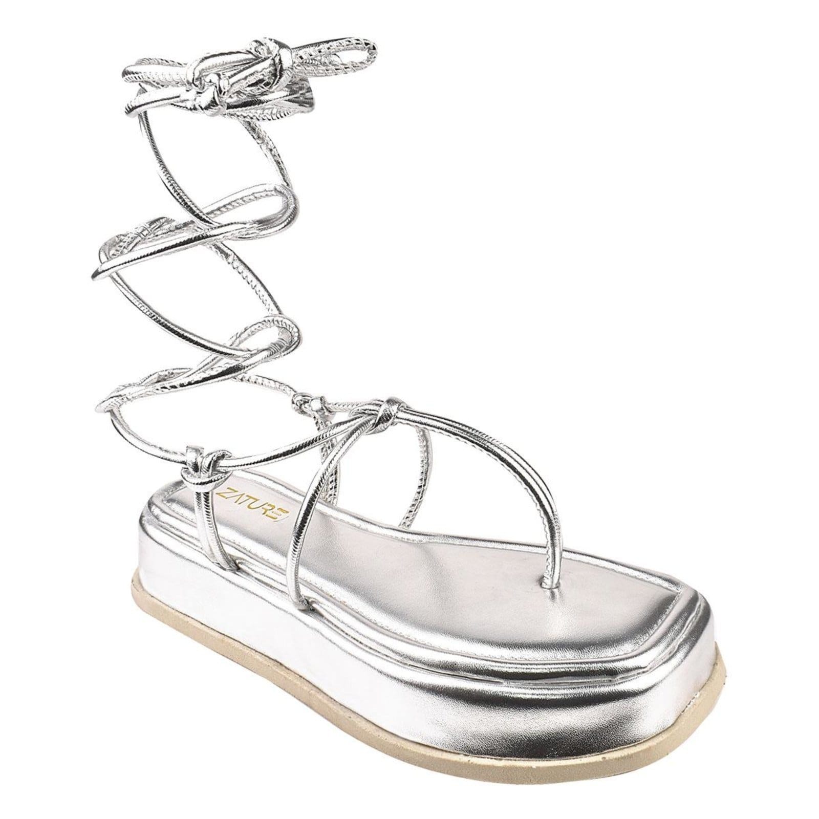Vista 2 Sandália Feminina Flatform Metalizada Amarração Plataforma ZATURE STORES prata