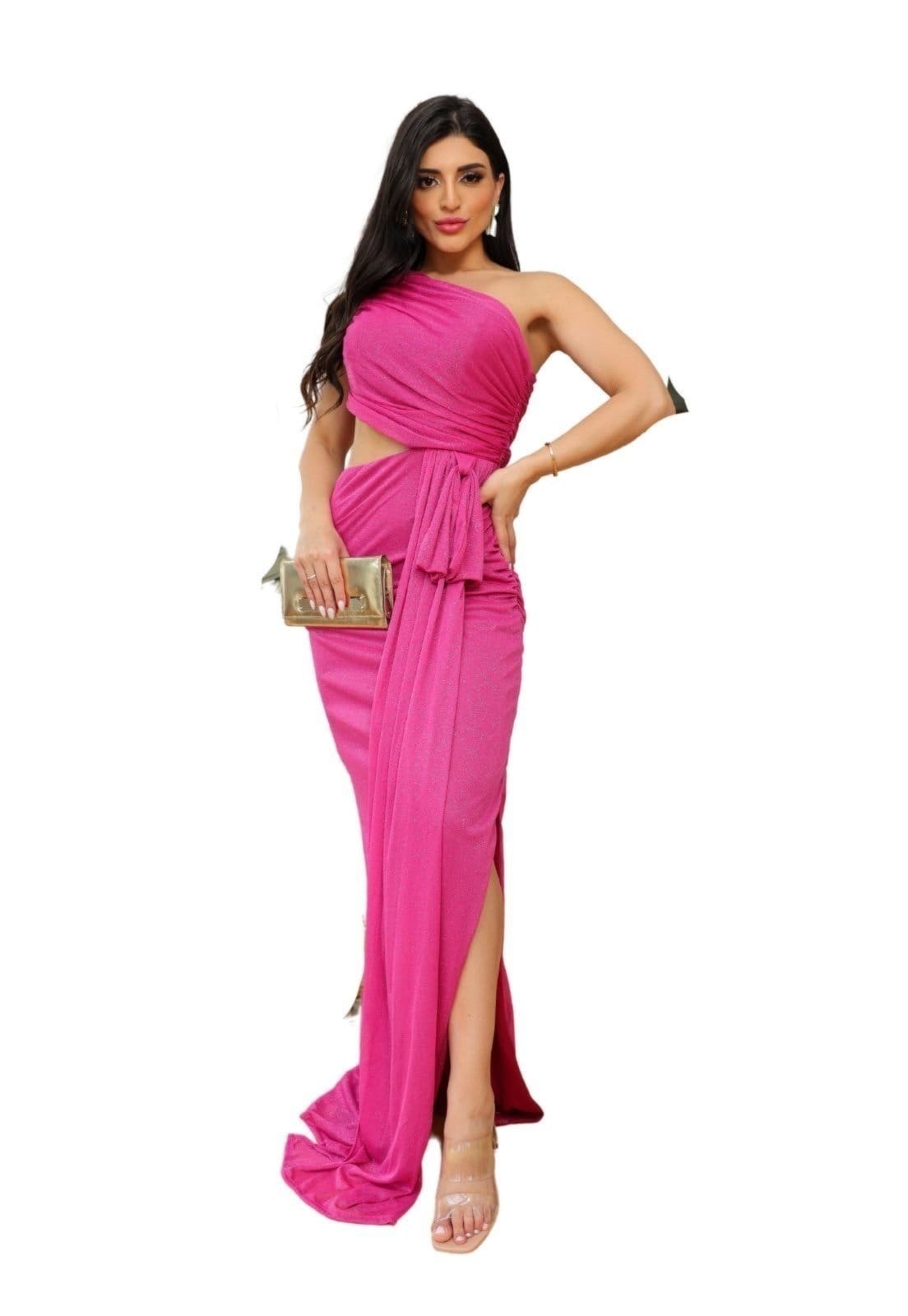 Vestido Longo de Festa Premium Convidadas Madrinhas Casamento um Ombro Com Brilho Abertura Lateral Aliene Rosa Pink