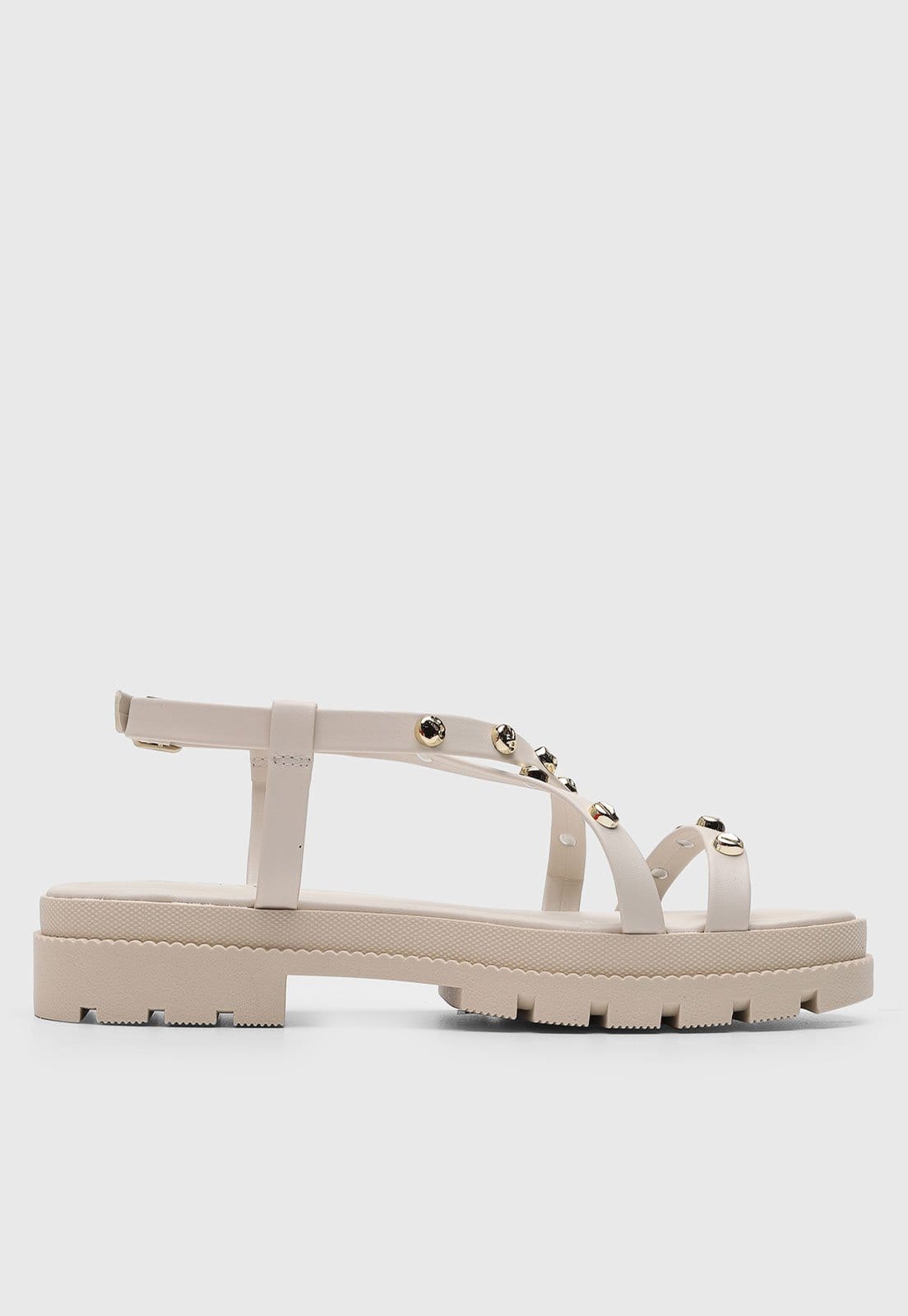 Vista 2 Sandália Baixa Feminina VIA UNO Tiras Aplicação Metálica Off-White VIA UNO off-white white