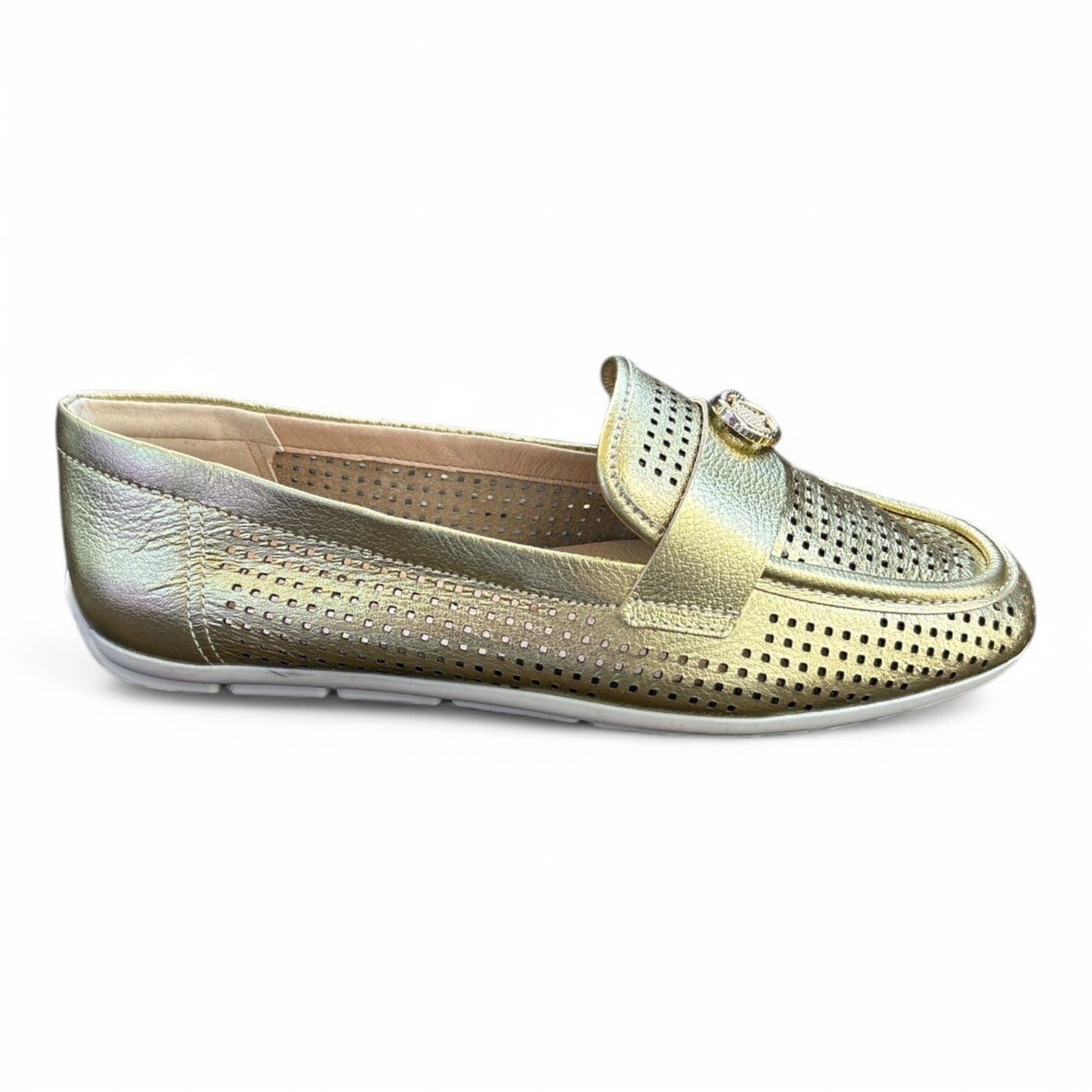Vista 2 Mocassim Feminino Couro Ouro Vazado Comfortflex 2561332-7 Comfortflex dourado