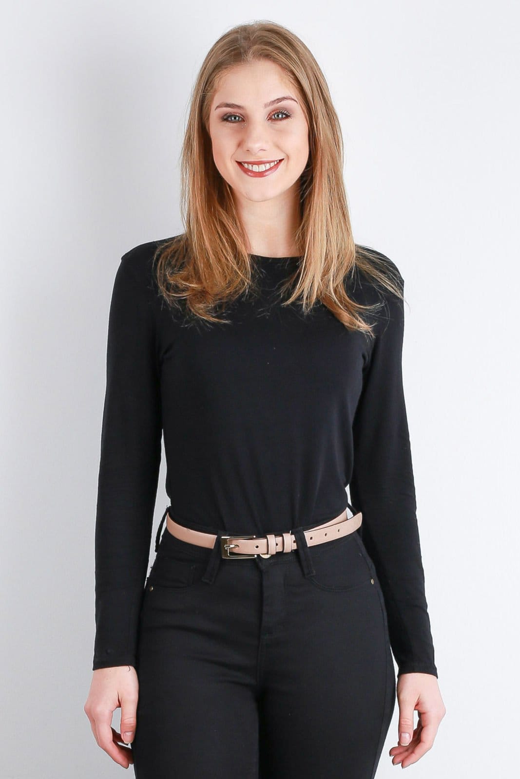 Vista 2 Cinto feminino de couro Ellen - Blush Andrea Vinci bege