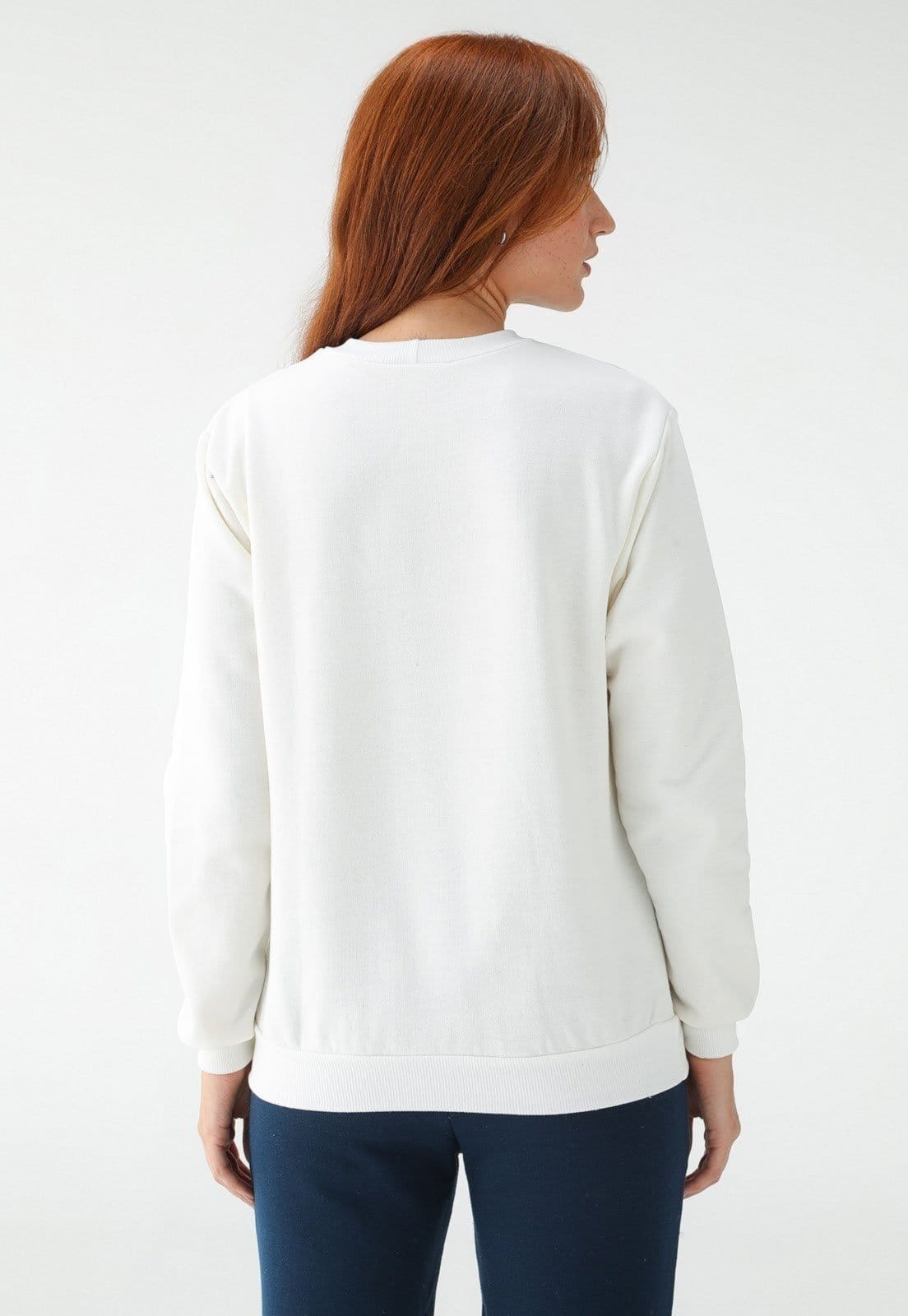 Vista 2 Blusa de Frio Moletom Feminino Flanelado Benellys Liso Gola Redonda Off White Benellys branco white