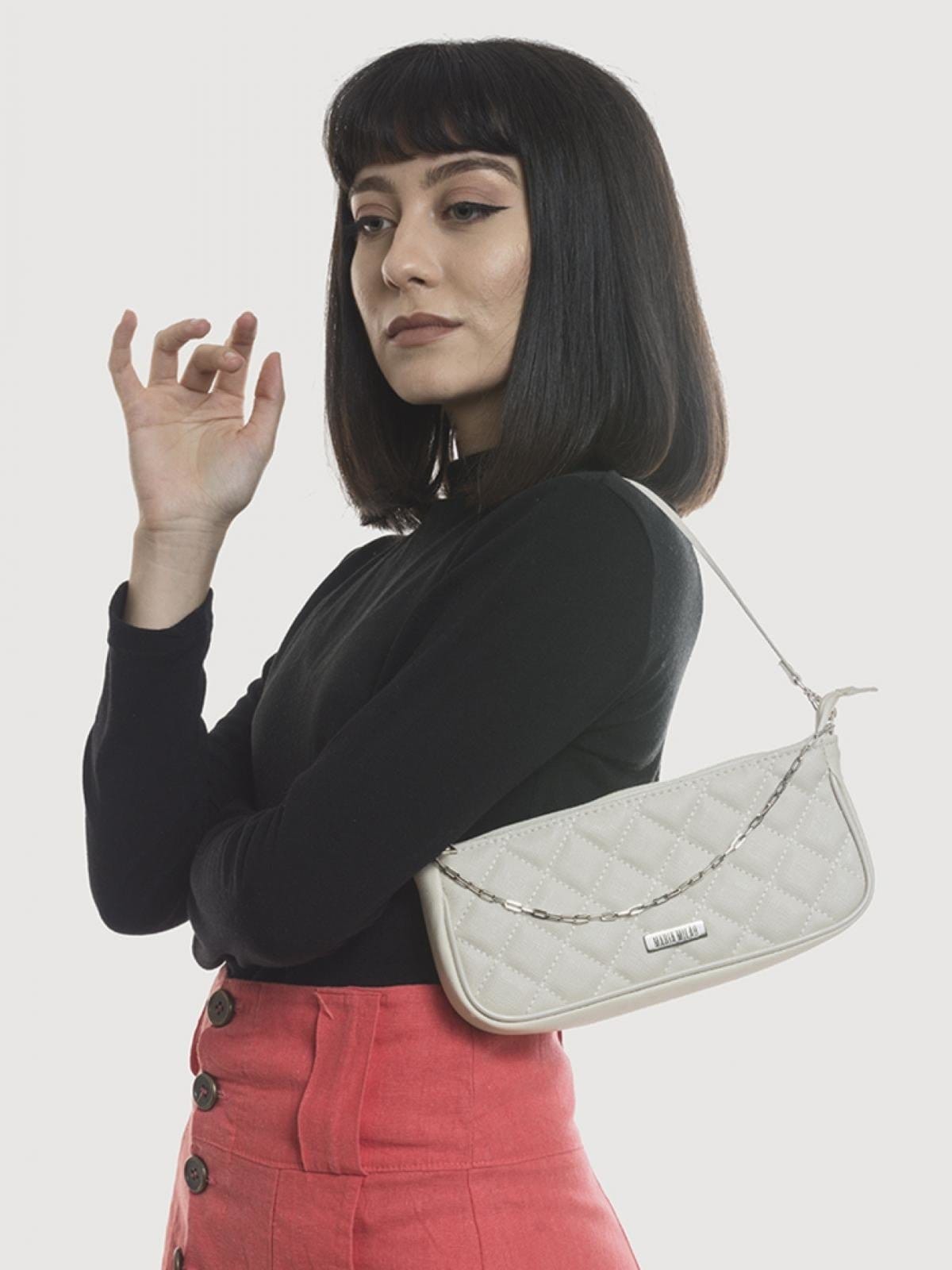 Vista principal Bolsa Transversal Maria Milão Baguete Matelassê Corrente Off-White Maria Milão branco/off-white white