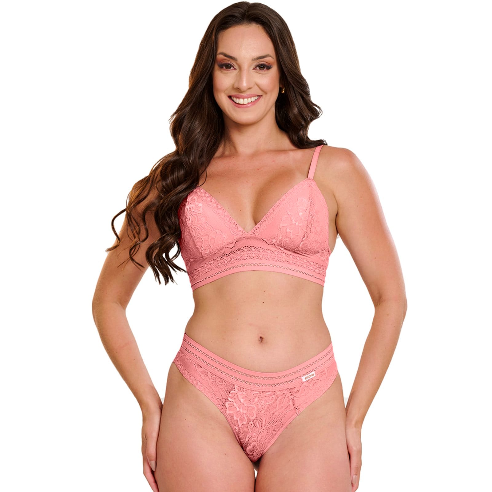 Conjunto Rendado Gabi Lingerie Poliamida Elástico Sutiã Sem Bojo Calcinha Renda