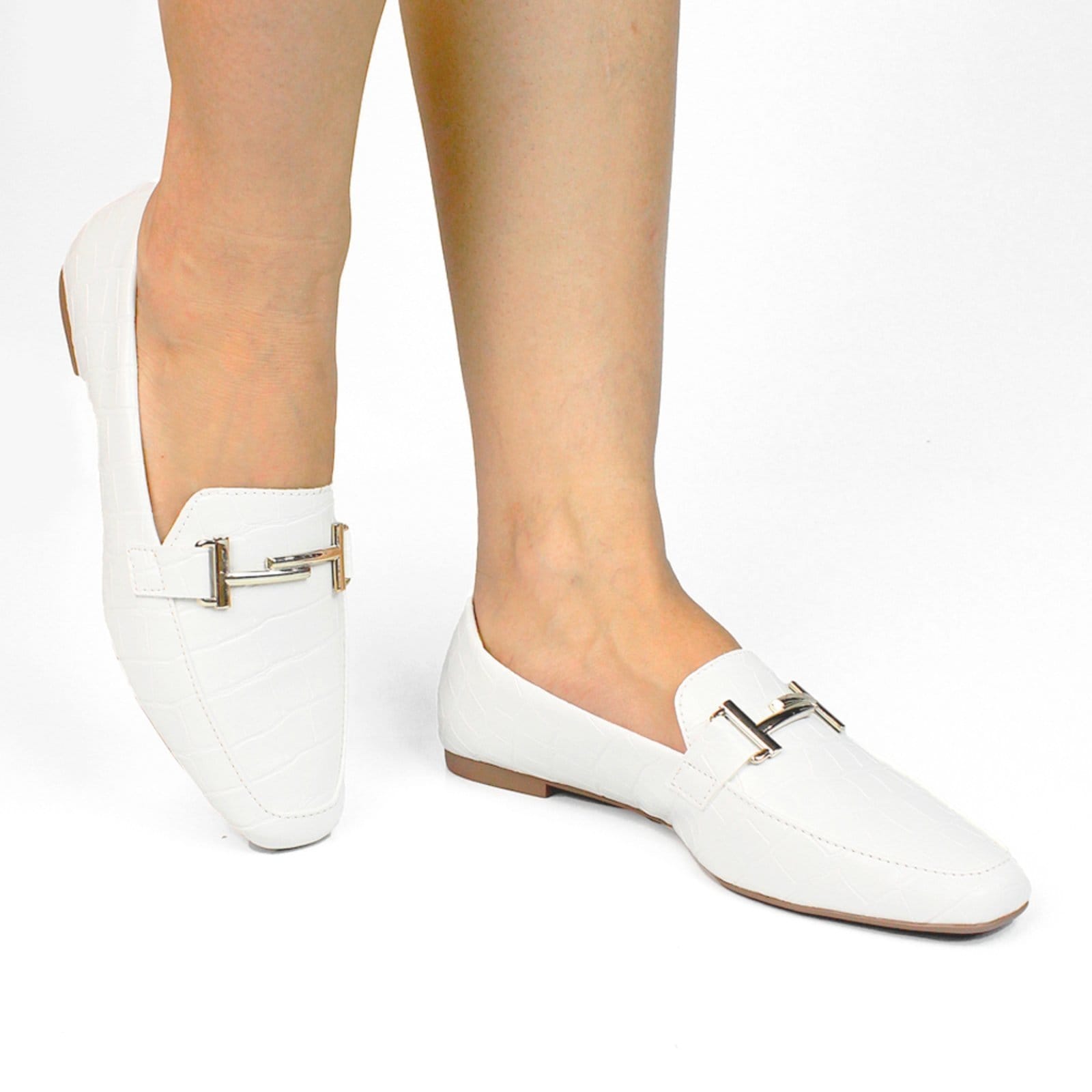 Vista 2 Kit 2 Pares Sapato Feminino Mocassim CM Calçados Bico Quadrado Confort Croco e Ouro Light Monte Shoes branco/dourado