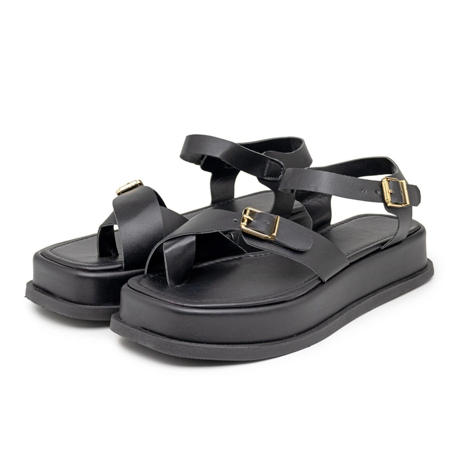 Sandália Flatform Feminina Papete Tiras Fivela 23410 Preta