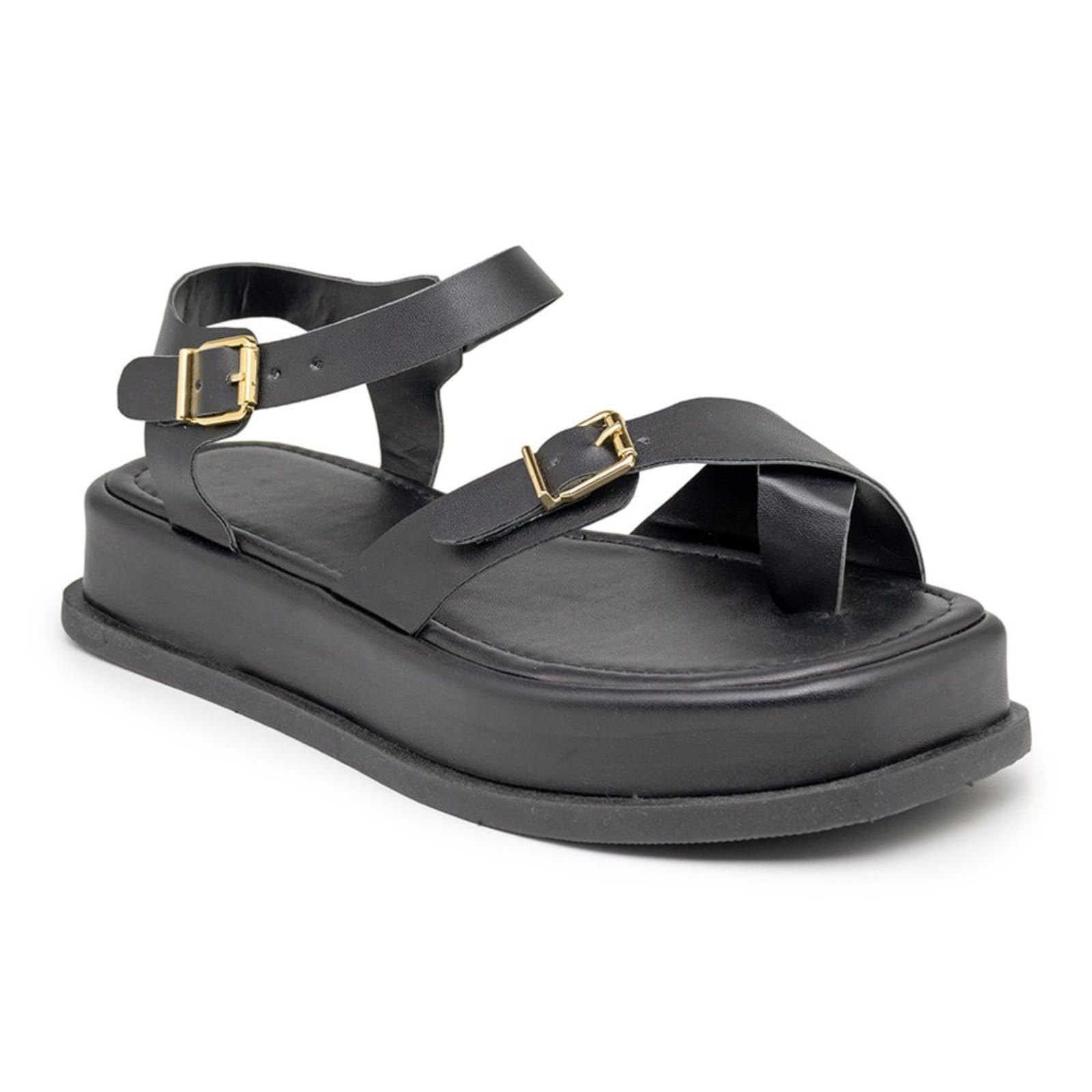 Vista 2 Sandália Flatform Feminina Papete Tiras Fivela 23410 Preta Flor da Pele preto