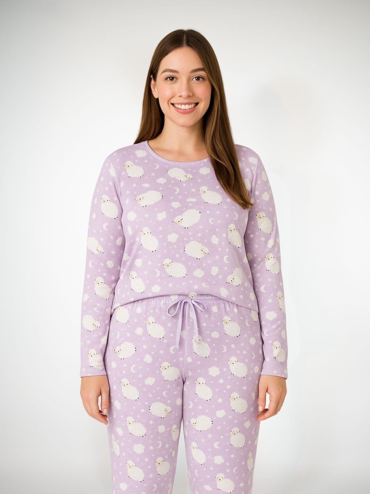 Vista 2 Pijama Algodão Plus Size Feminino Básico Longo Melissa - Ovelha Piante lilás