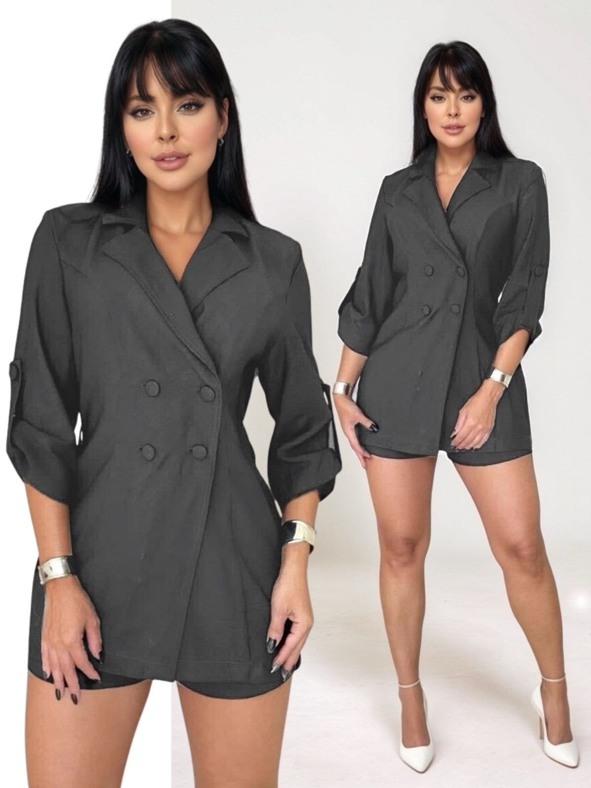 Macacão Blazer Transpassado Tropical Fashion com Mangas 3/4