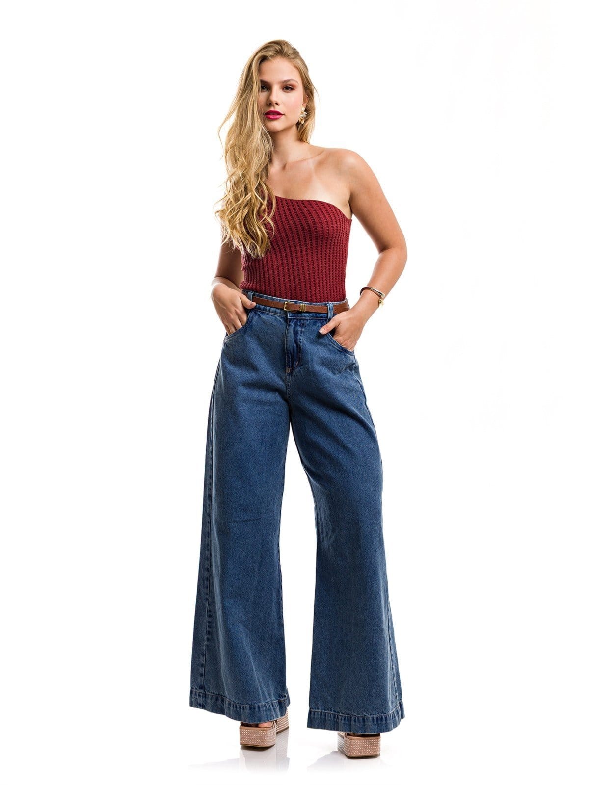 Vista 2 Calça Pantalona Restrito Jeans Com Cinto Restrito Jeans azul