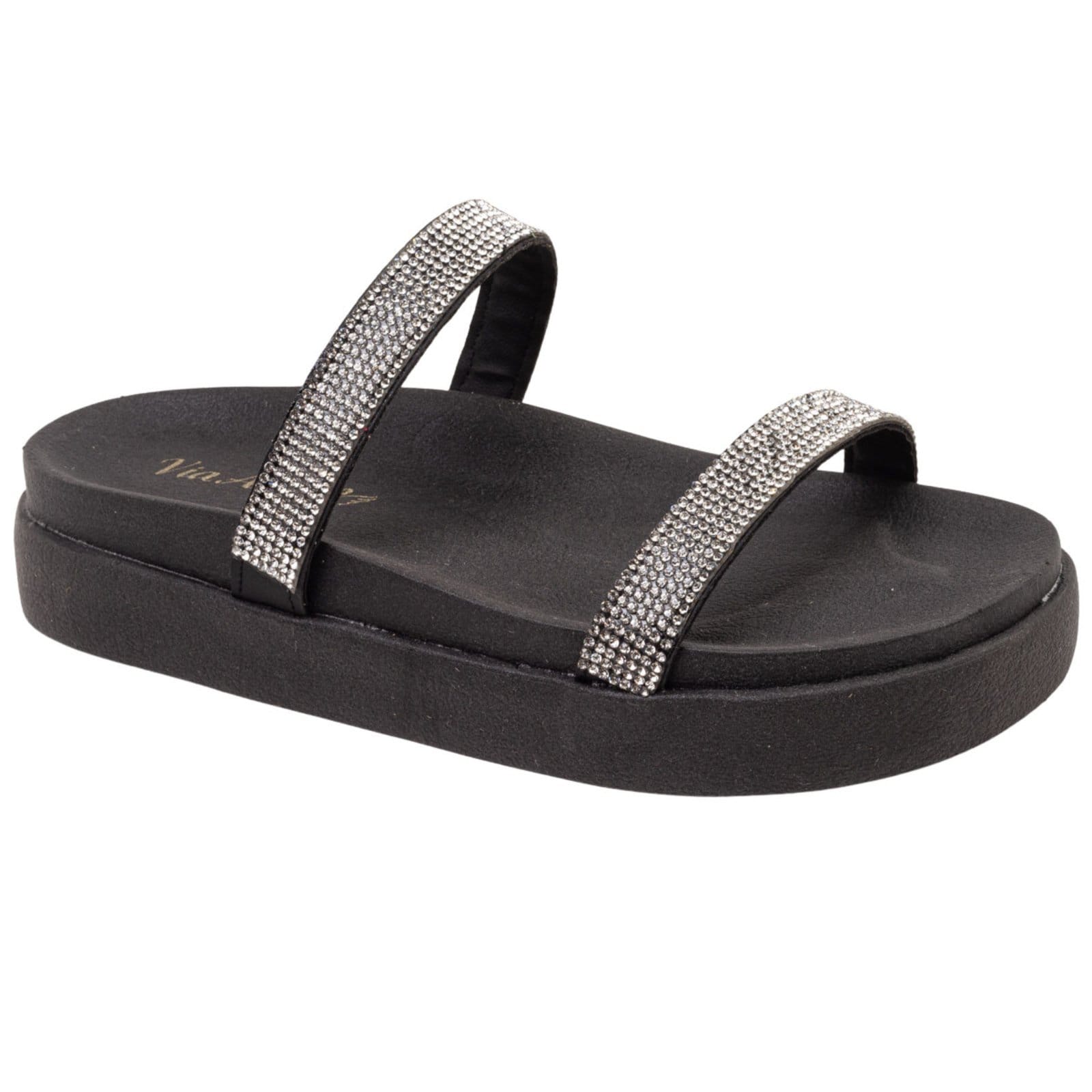 Sandália Feminina Papete Plataforma Flatform Tamanco Tira de Strass Via Angel 7402 .