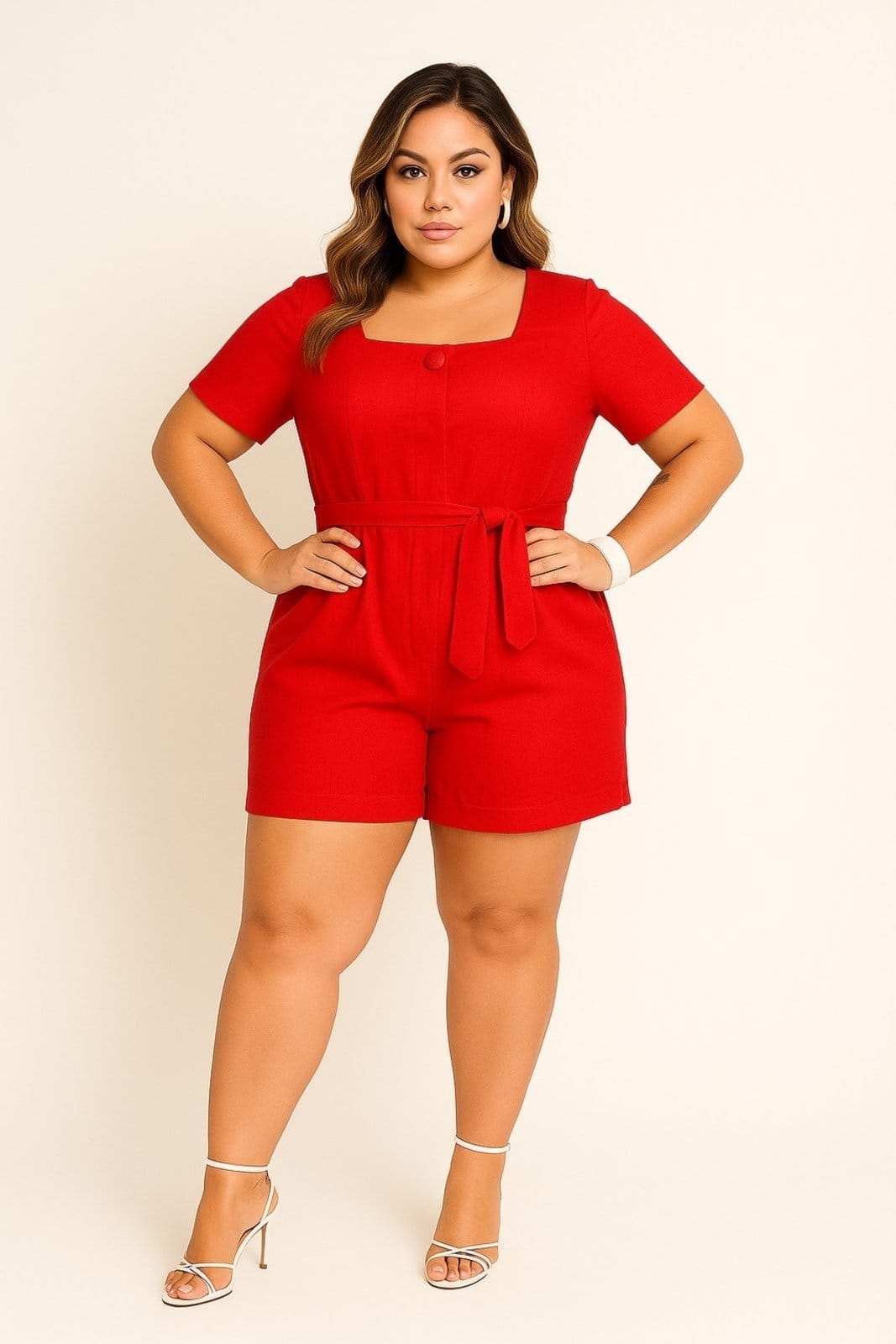 Vista 2 Macaquinho Plus Size Linho Leve com Cinto e Bolso-Faca Summer Body vermelho