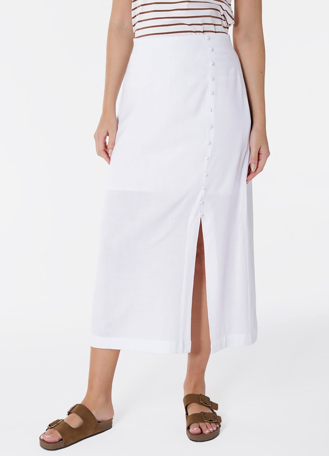 Vista principal Saia de Linho Longa Branca com Fenda e Botões SOB branco