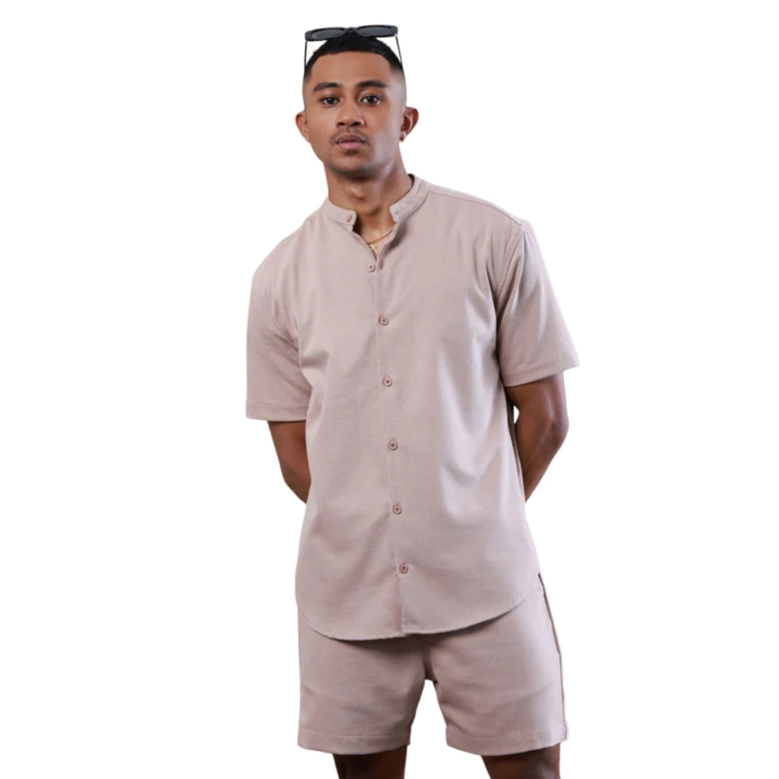Vista principal Conjunto Camiseta Linho e Short Linho Premium Bermuda Masculina Moda Praia Luxo Relaxado multicolorido