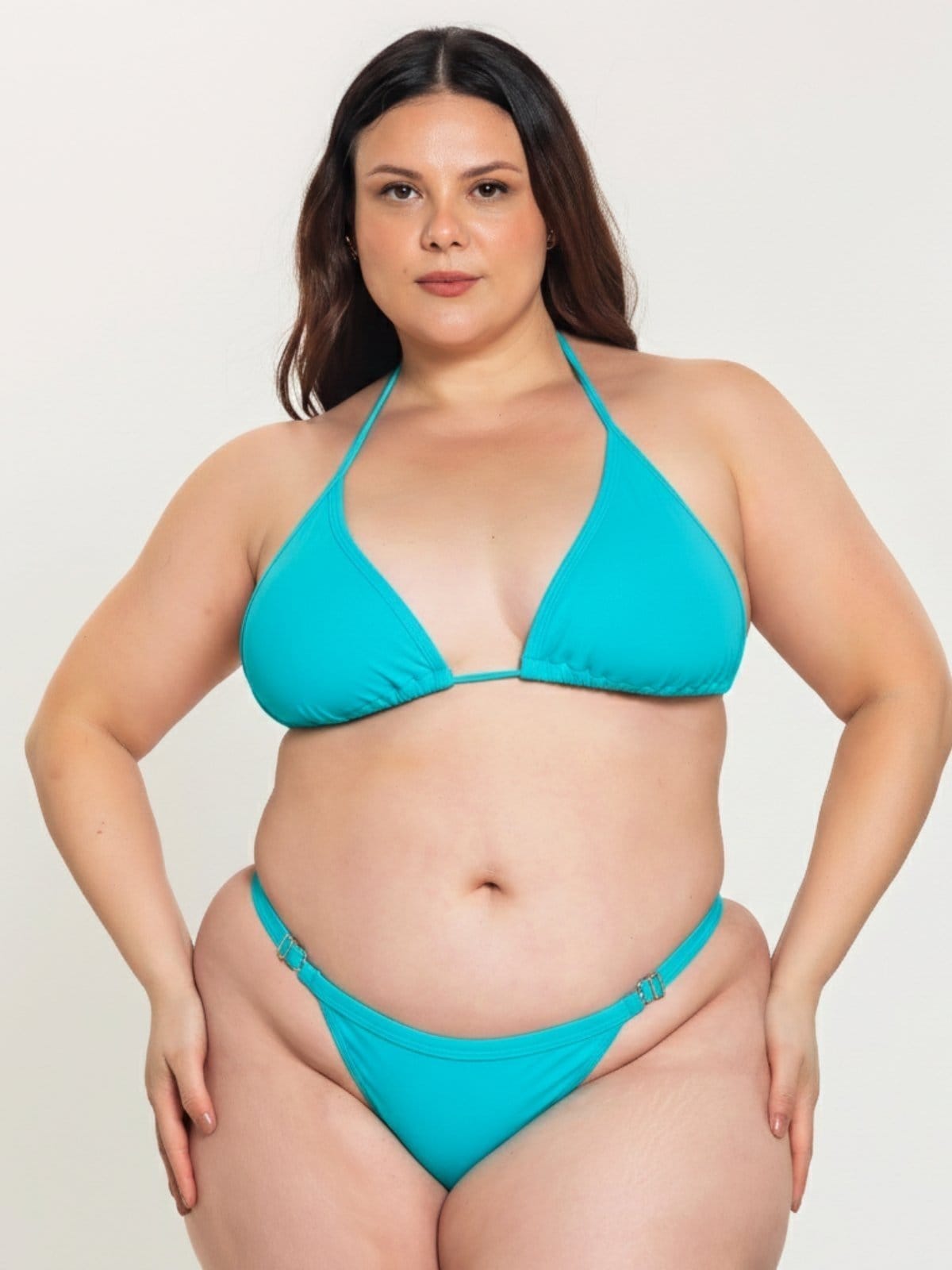 Biquíni de Fita Plus Size Orla da Praia com Regulagem Calcinha Fio Dental com Bojo Removível Marquinha Ciano