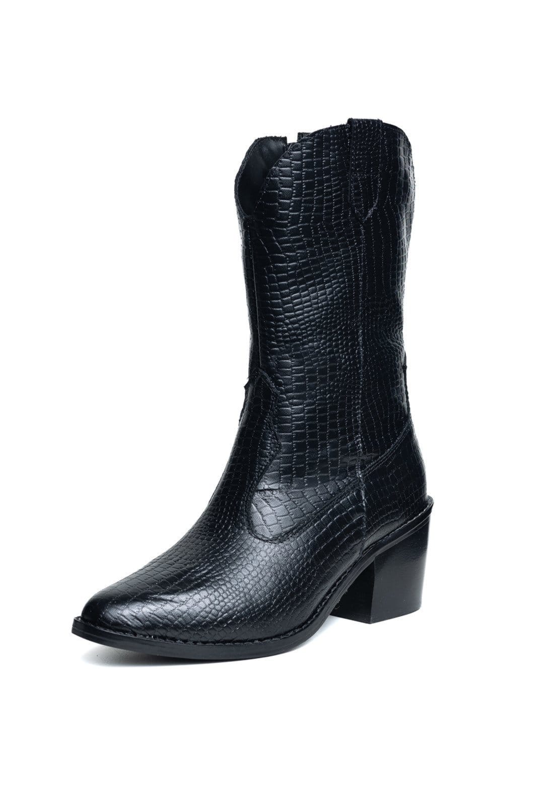 Vista principal Bota Western Texana Bico Fino Country Couro Croco TELLINI STORE preto