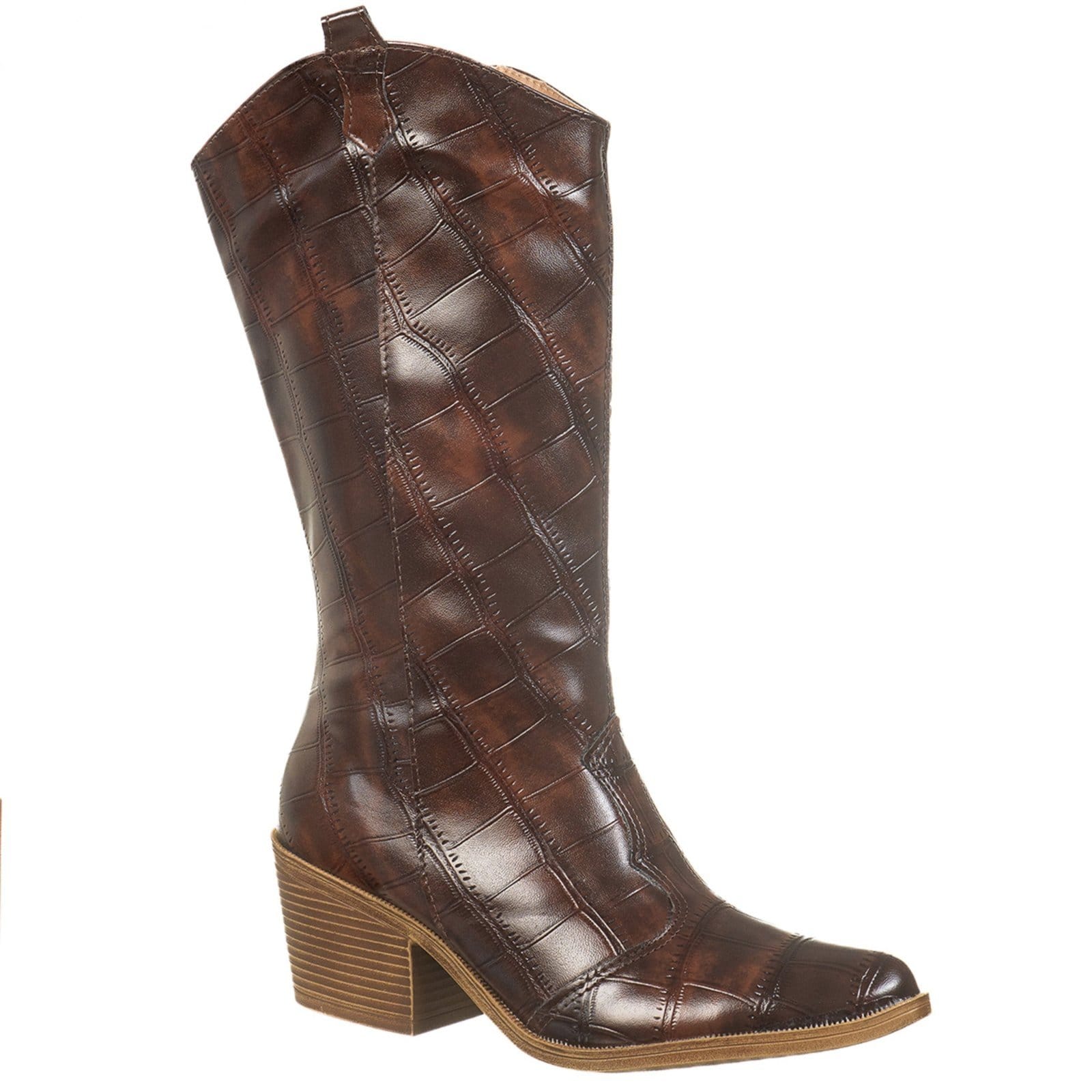 Vista principal Bota Texana Feminina Via Birigui Western Croco Cano Médio VB Calçados marrom