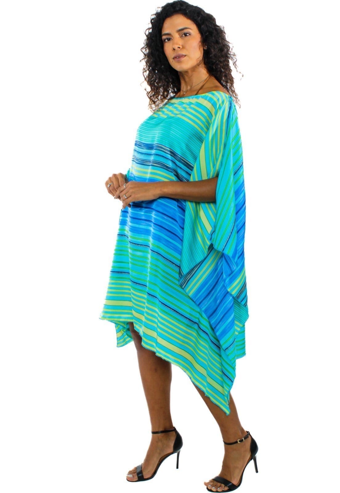 Vista principal Vestido Kaftan Saída Amplo Crepe Acetinado Estampado Listra Verde 101 Resort Wear azul/verde verde