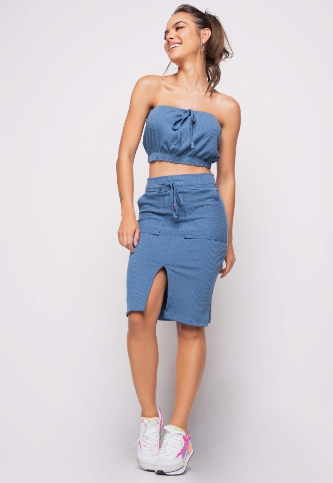 Saia Salvatore Midi Com Bolso Malha Canelada