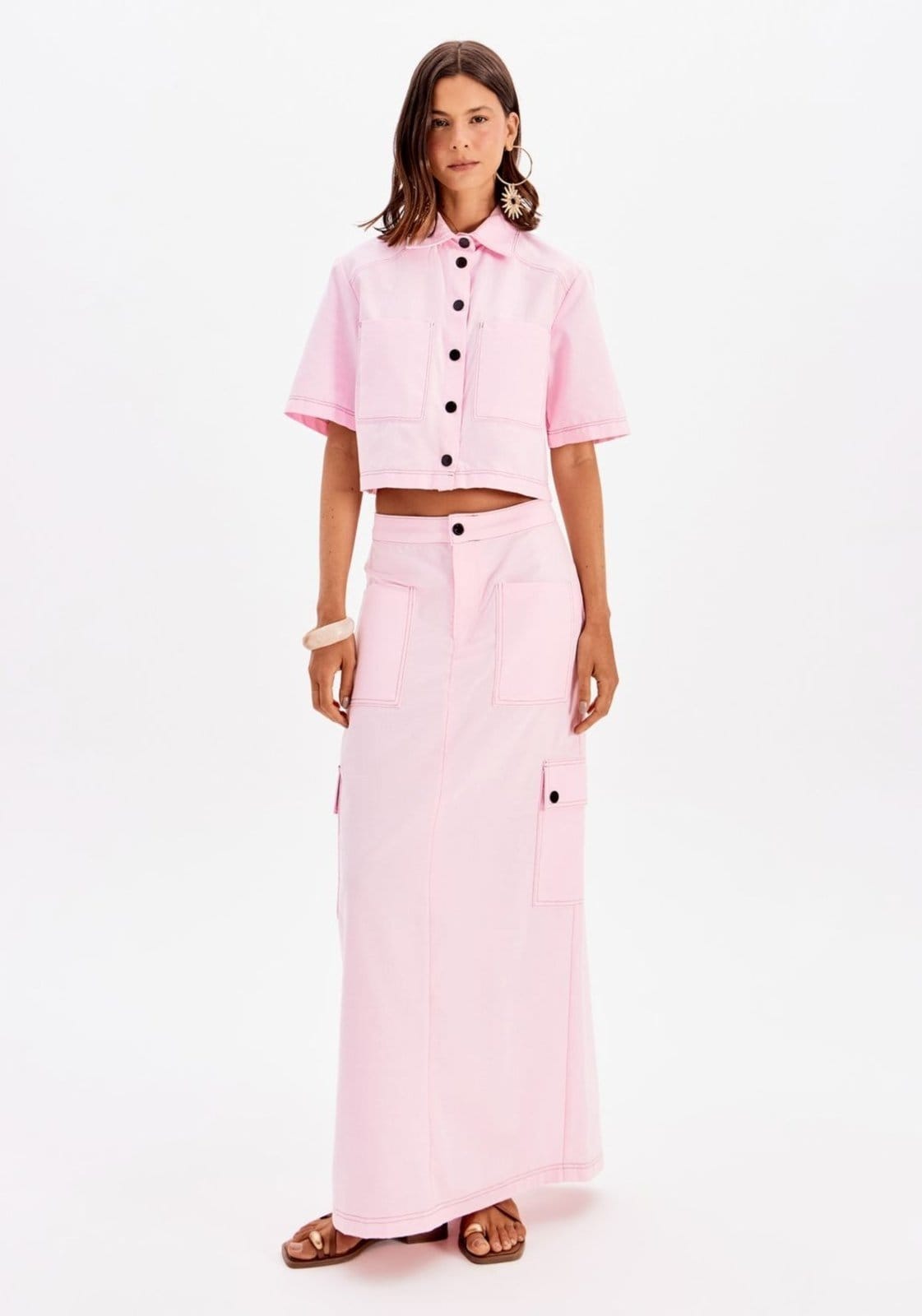 Vista principal Saia Super Midi Utilitária Cintura Alta My Favorite Things rosa