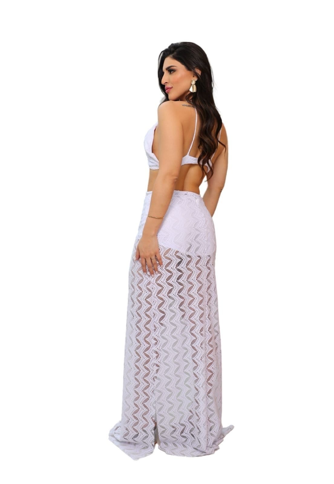 Vista 2 Conjunto Renda Saia Longa e Top Alcinha Com Hot Panties Réveillon Ano Novo Sampaio Cia do Vestido branco