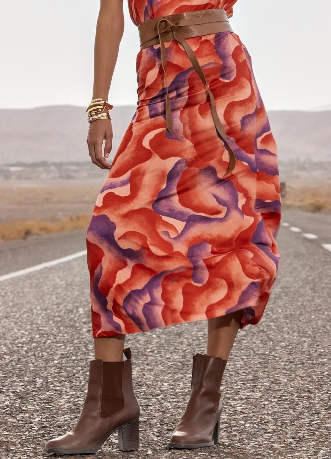 Vista principal Saia Malha Fria Aquarela Colorido Quintess laranja