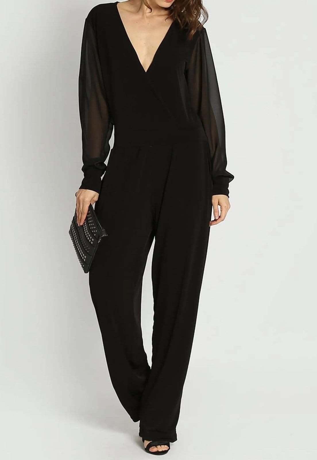 Vista principal Macacão Viscolycra Transpassado Manga Longa de Tule Maria Paes preto