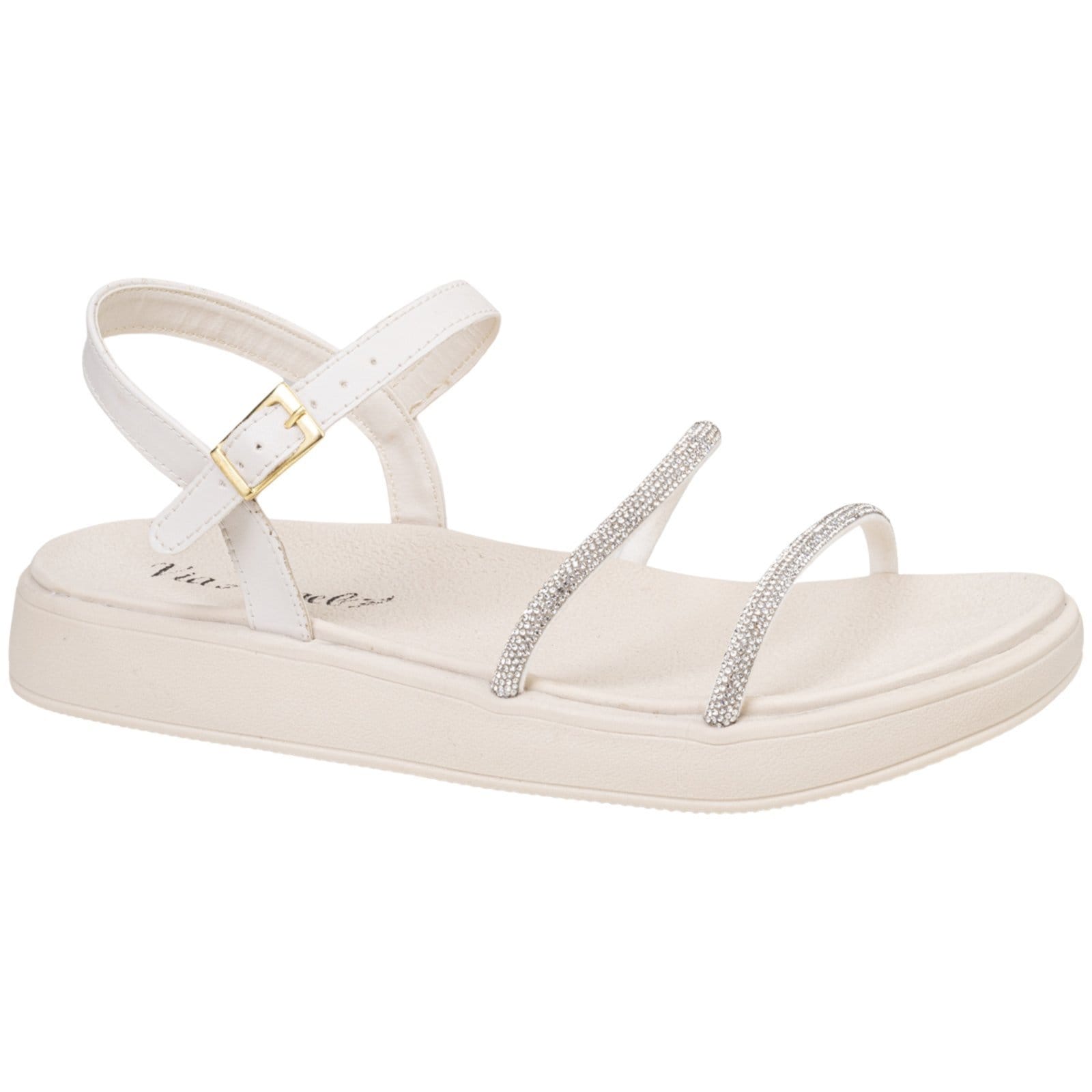 Sandalia Feminina Flatform Papete Strass Confortável Dia a Dia Estilosa Via Angel 7505 Off White