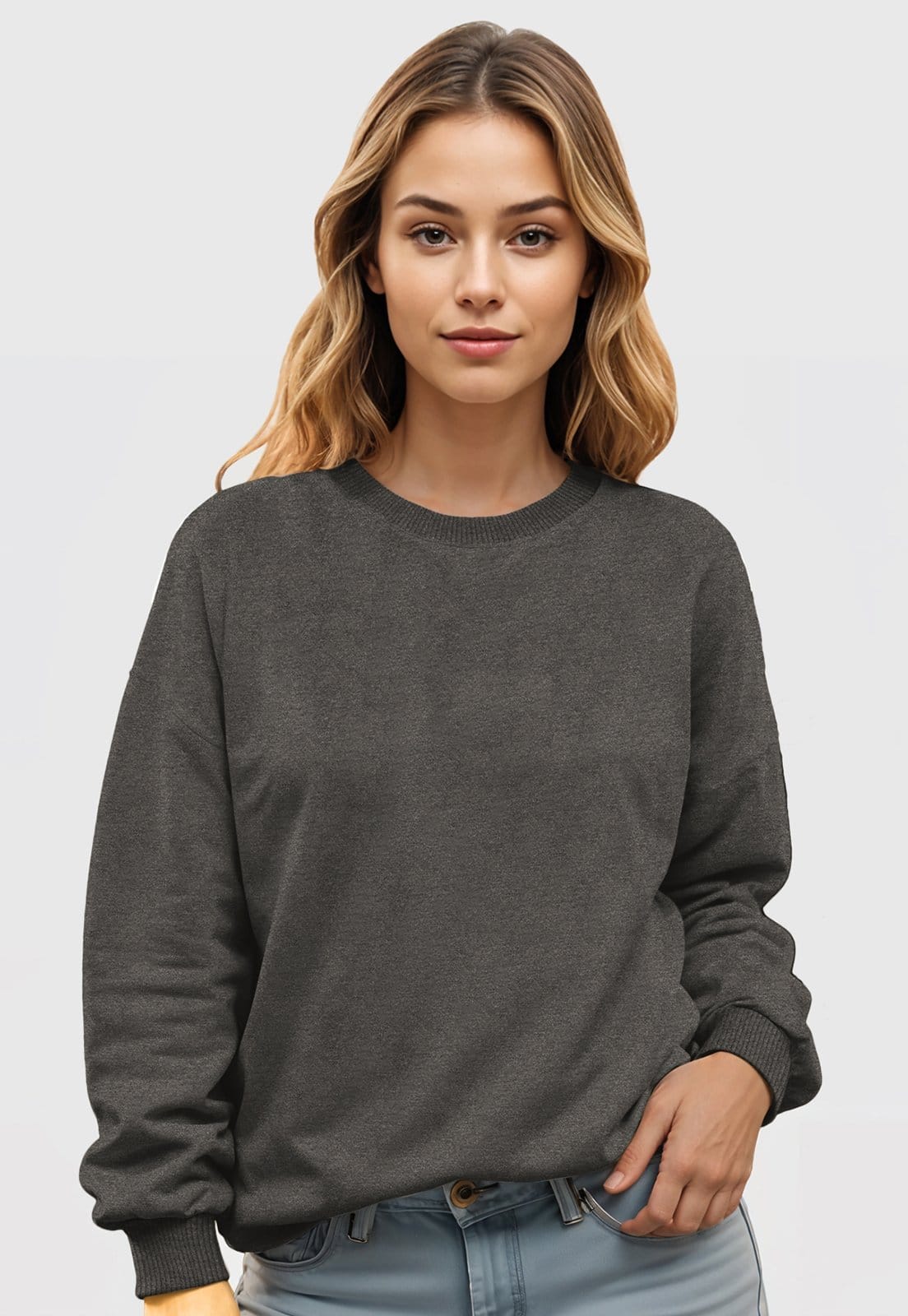 Vista principal Blusa de Frio Moletom Feminino Flanelado Benellys Liso Gola Redonda Chumbo Benellys grafite