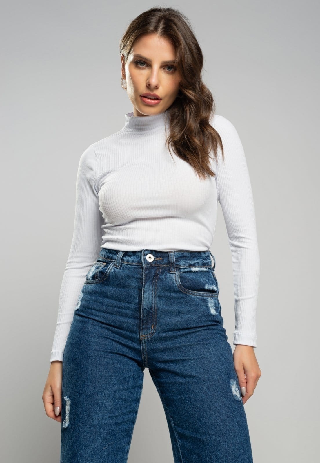 Vista 2 Blusa Salvatore Gola Alta Manga Longa Malha Canelada Branca Salvatore Fashion branco