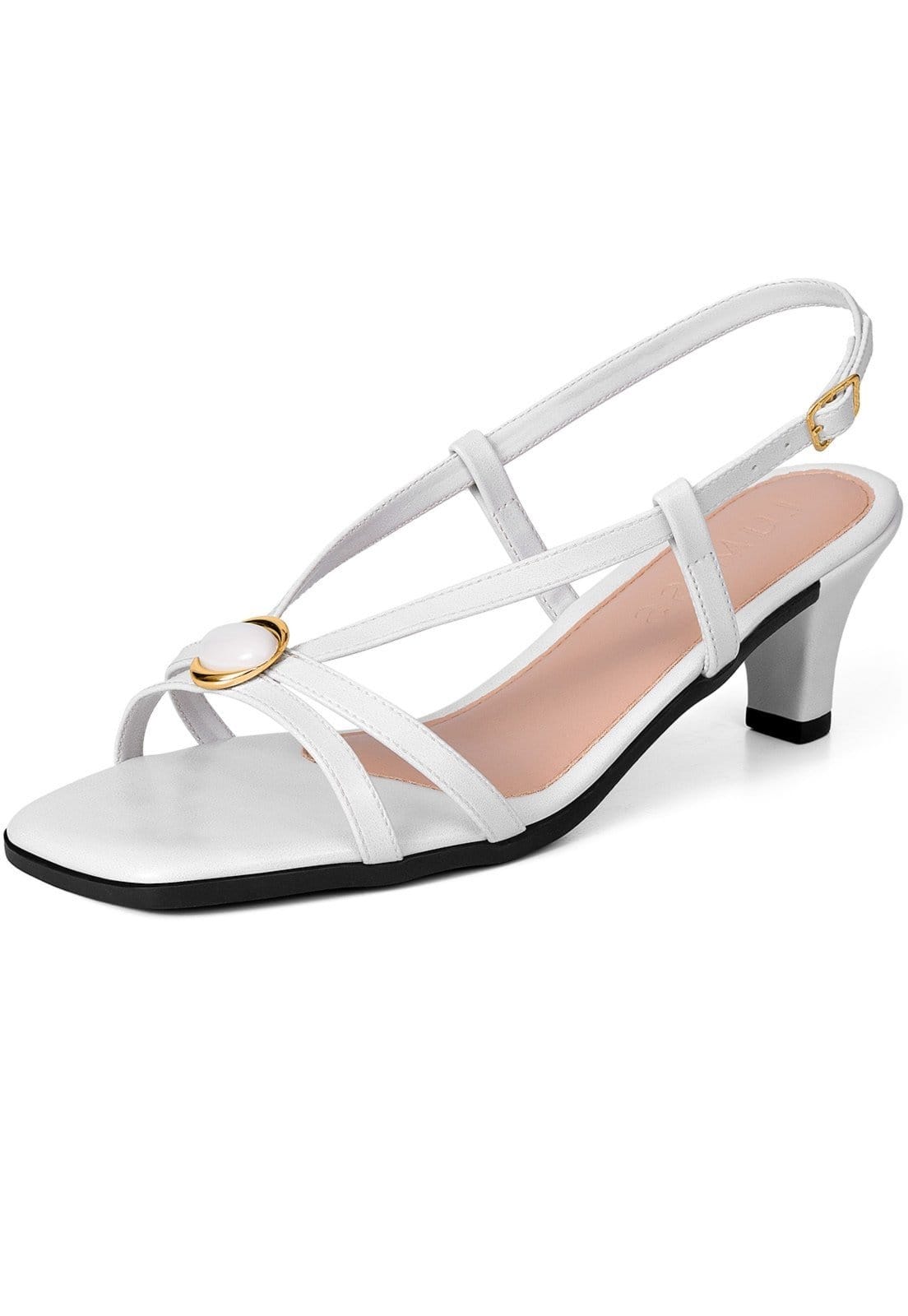 Vista principal Sandália Feminina Lumiss Salto Baixo Fino Confortável Bico Quadrado Enfeite Pedra Fivela Off White LUMISS off-white white