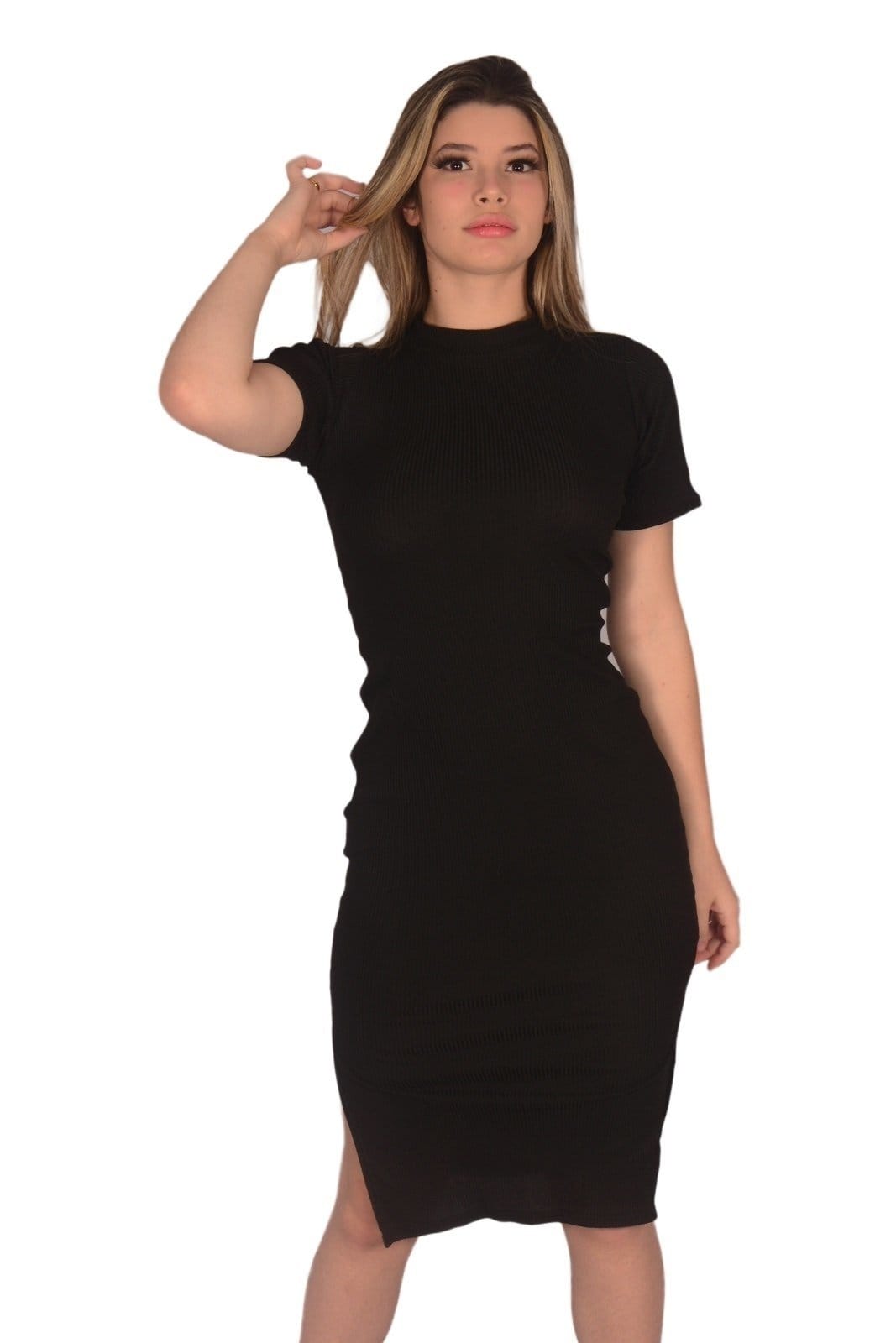 Vestido Midi Manga Curta Canelado Com Fenda Lateral