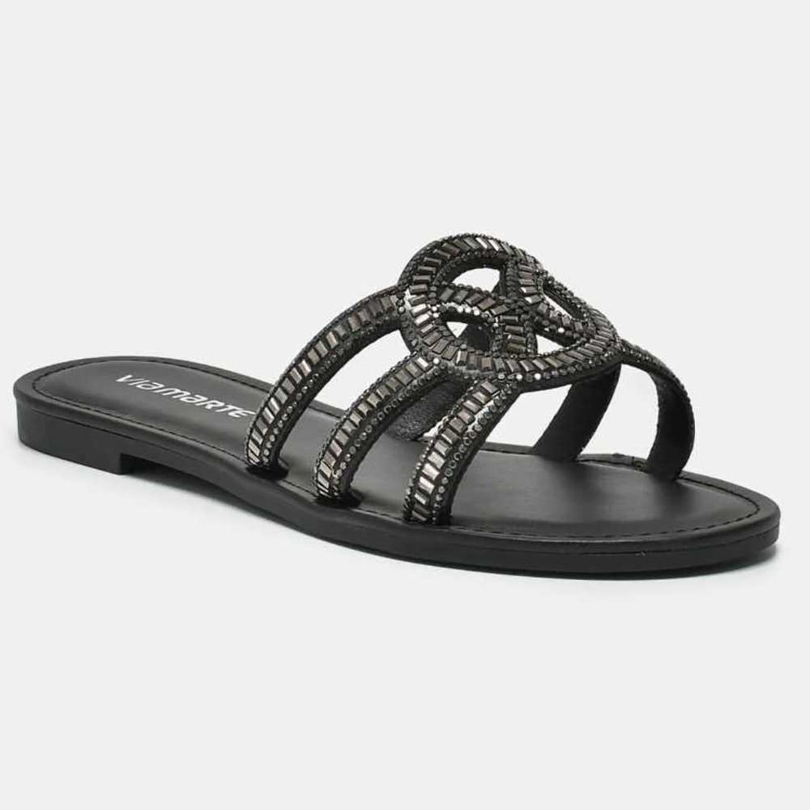 Sandália Feminina Via Marte Rasteira Tiras Com Pedrarias