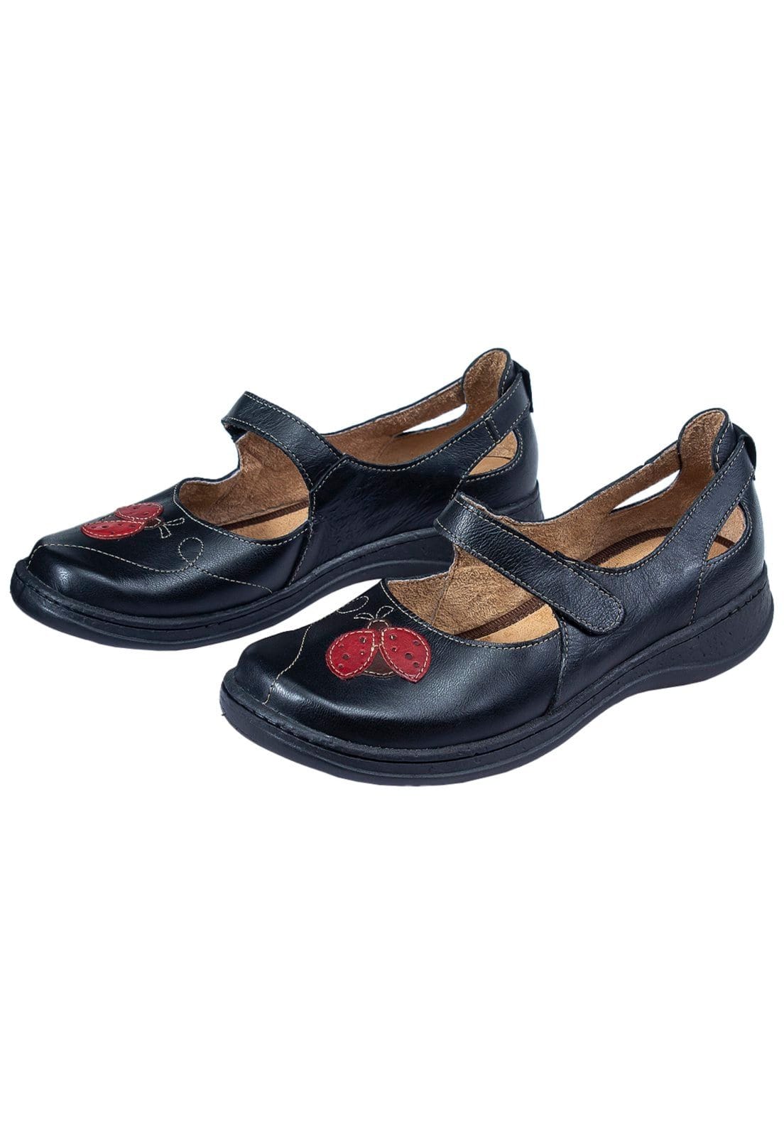 Sapatilha Bico Redondo Serella Retrô Conforto Couro Joaninha