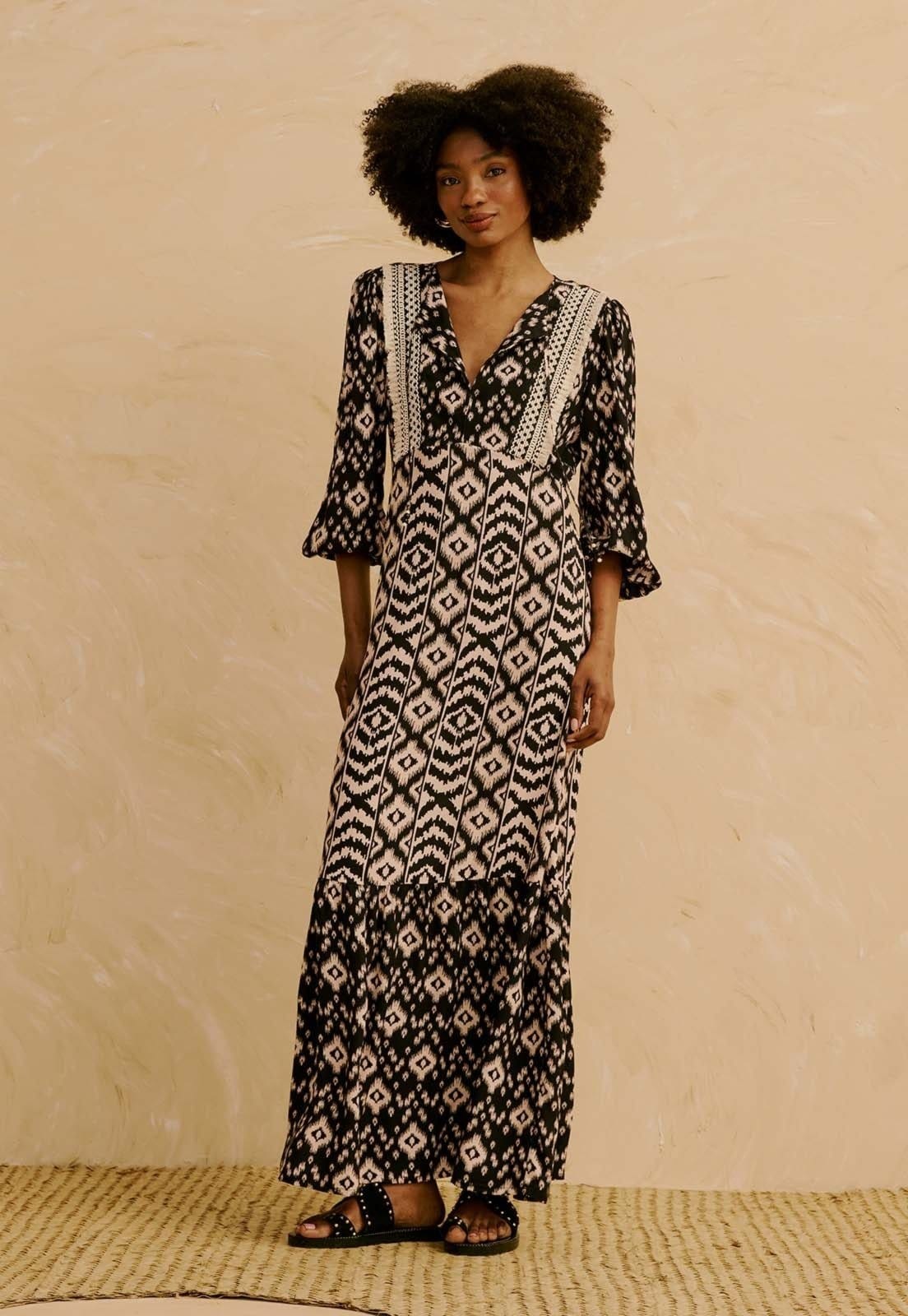 Vista principal Vestido Midi Mix de Estampas com Mangas Estampado Uros CaCay preto