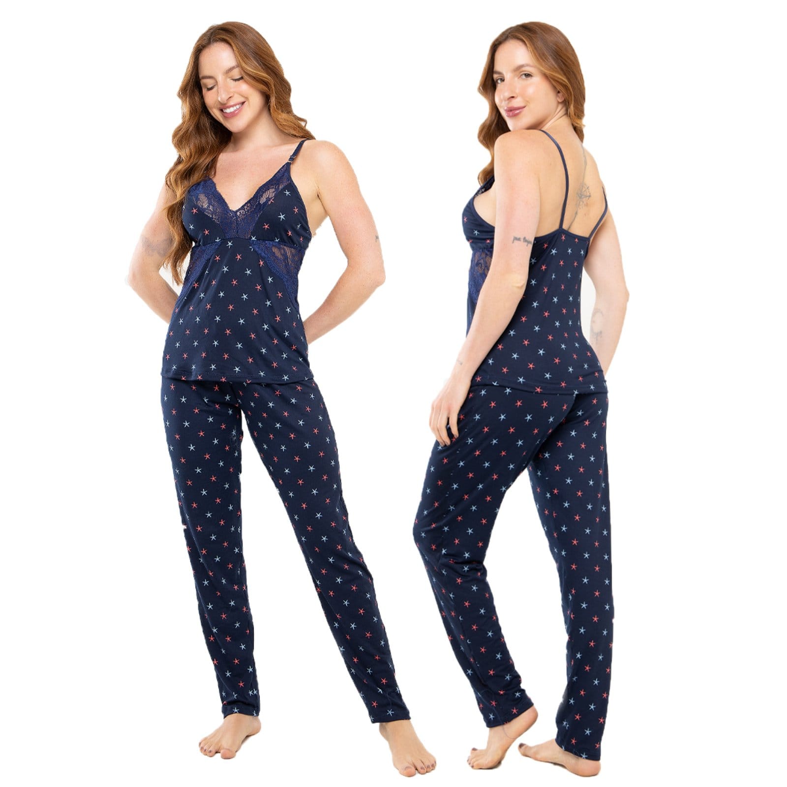 Vista principal Pijama Feminino Longo Feminino Manga Curta Alça Inverno 012 MARINHO BRAVAA STORE azul