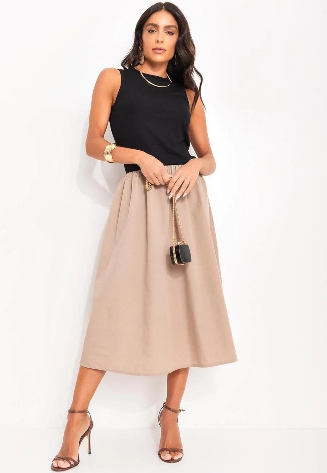 Vestido Em Tricoline Caqui