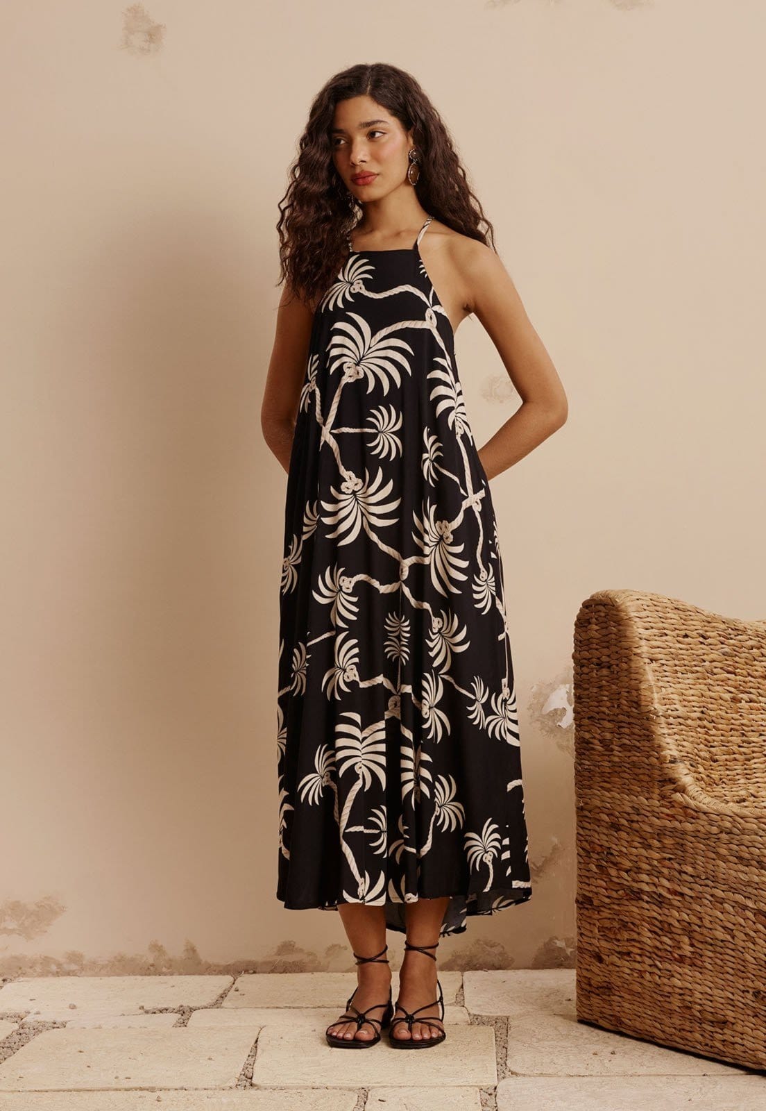 Vestido Midi Amarração Costas Estampado Carnauba