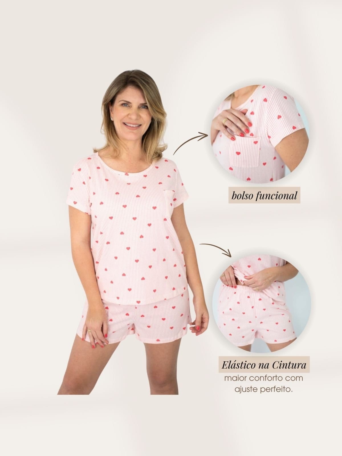 Vista 2 Pijama Feminino Manga Curta LISA - Listrado Corações Vermelho Piante multicolorido
