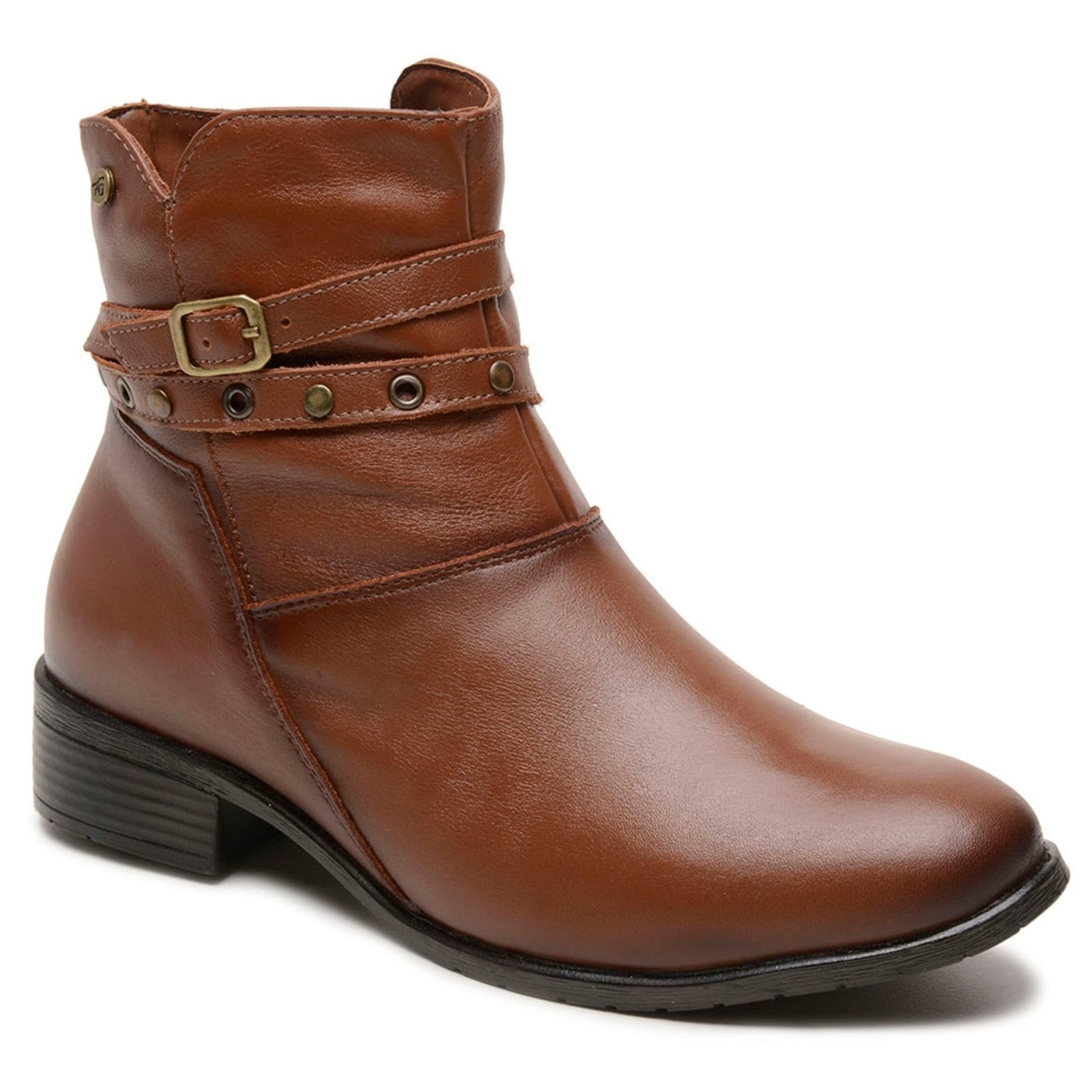 Vista principal Bota Cano Médio Feminina 100% Couro Genuíno Sola Borracha Zíper Lateral Conhaque FRANCA GRIFFE marrom