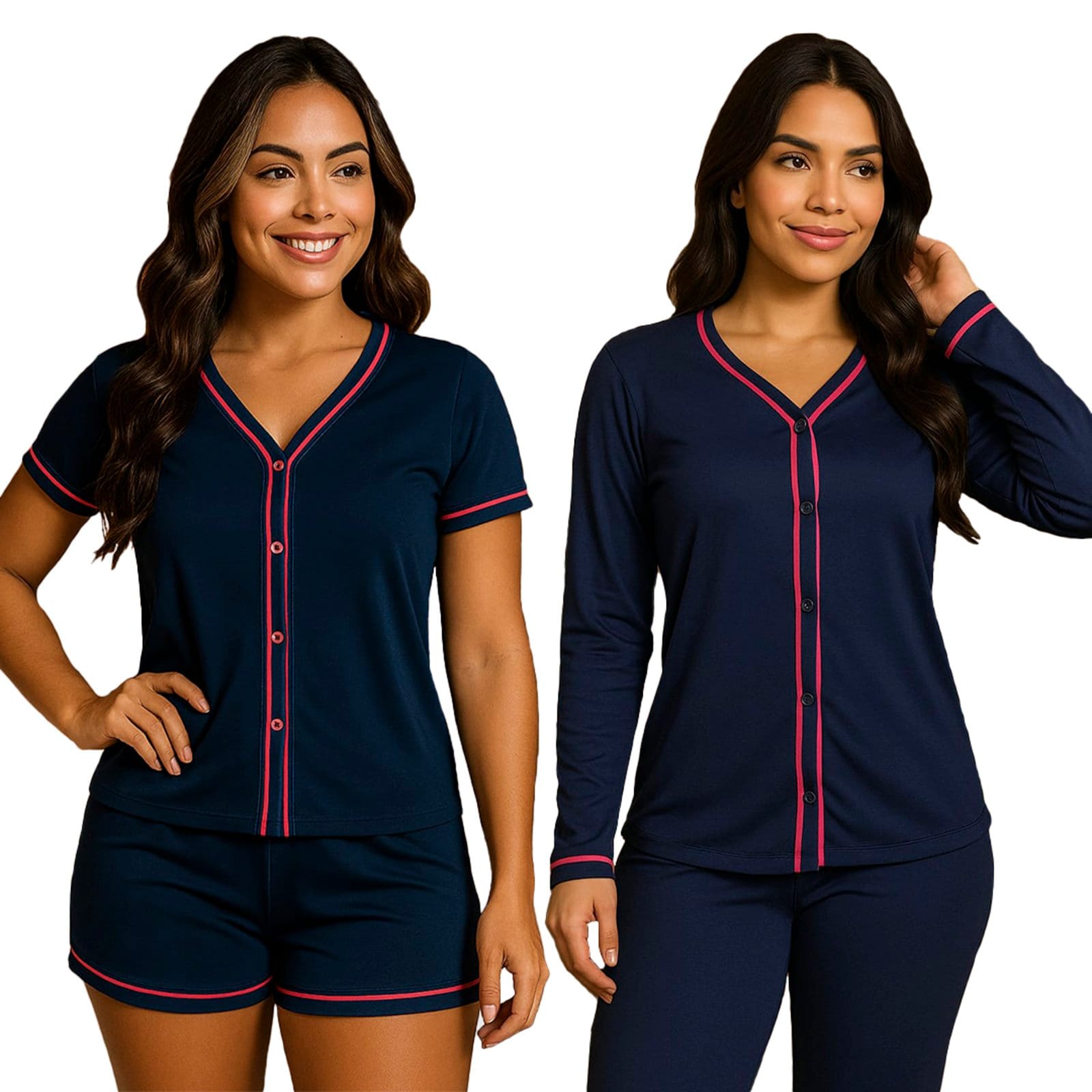 Vista principal Kit 2 Pijamas Gabi Lingerie Estilo Blogueira Manga Curta e Manga Comprida Modelagem Perfeita Elegante Moda Feminina Marinho Gabi Lingerie azul/azul marinho