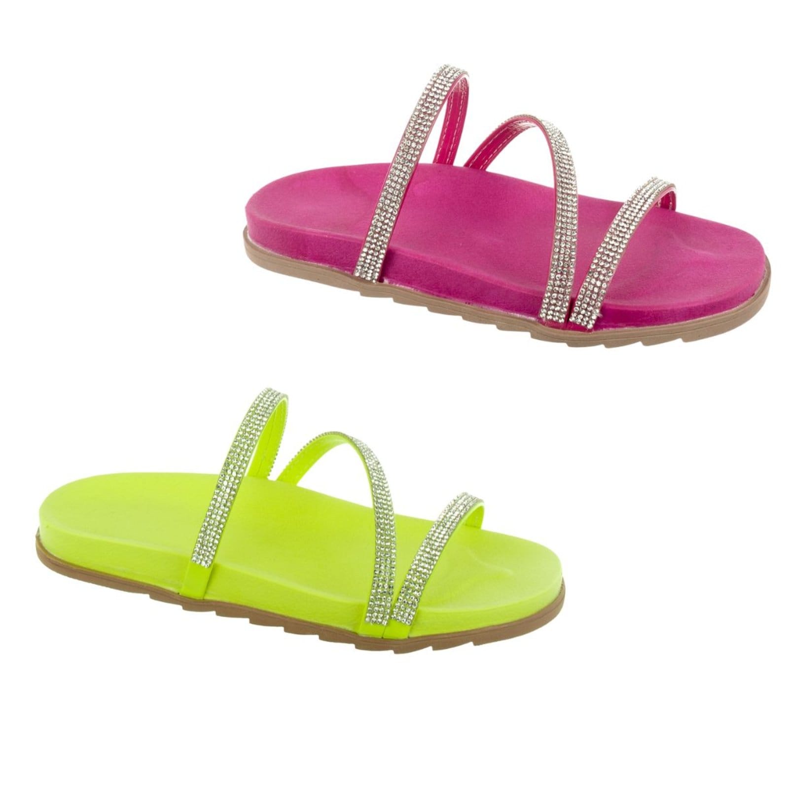 KIT 2 Sandália Birk feminina Rasteira Flat Strass Brilho Anatômico Via Angel 6302. Lemon e