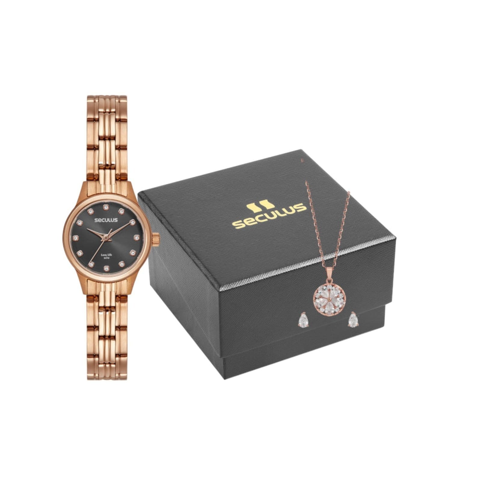 Vista principal Kit Relógio Seculus Feminino Cristais Rosé com Colar e Brincos Seculus rosa rosé