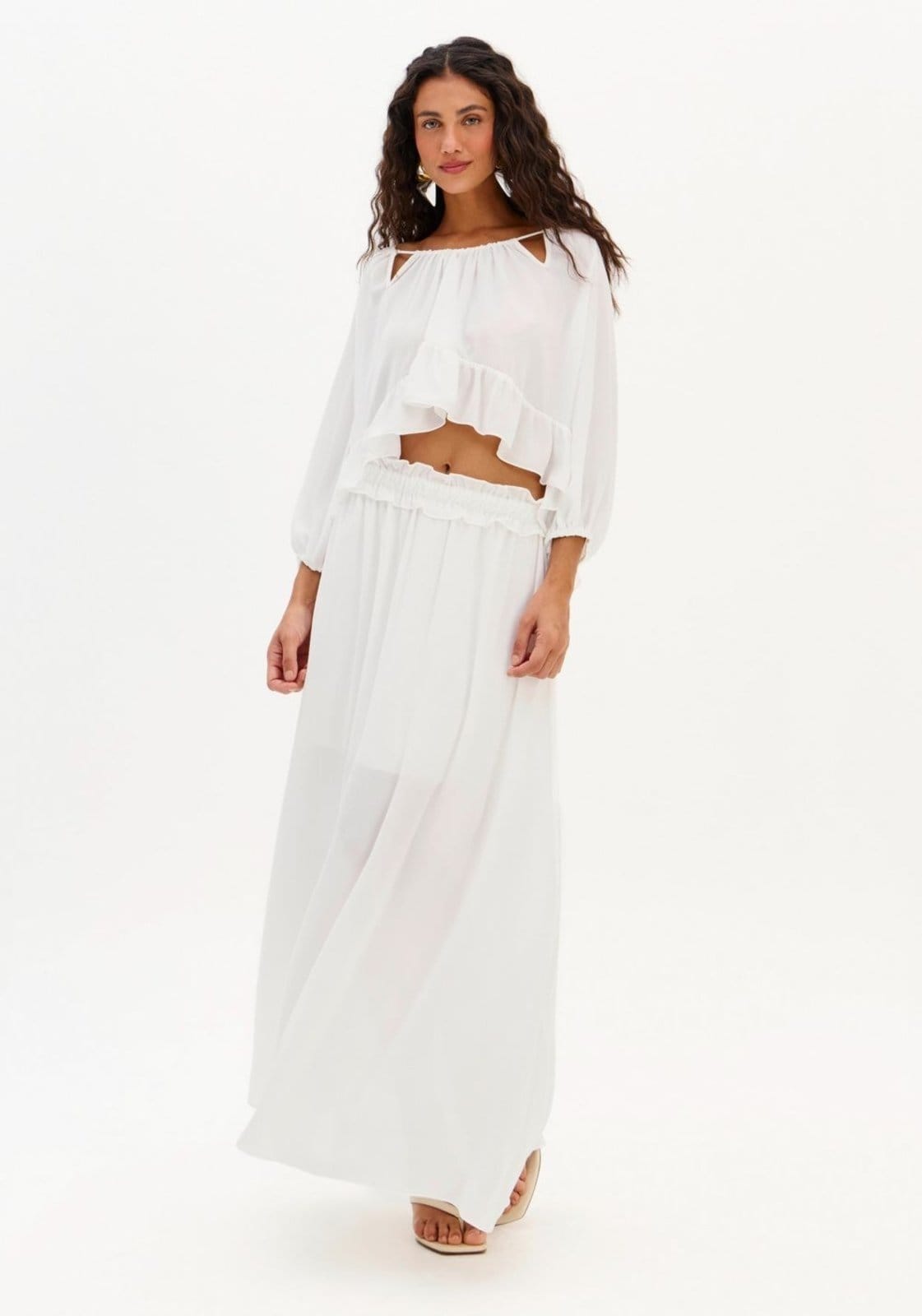 Vista principal Saia Super Midi Evasê Cós De Babado My Favorite Things branco