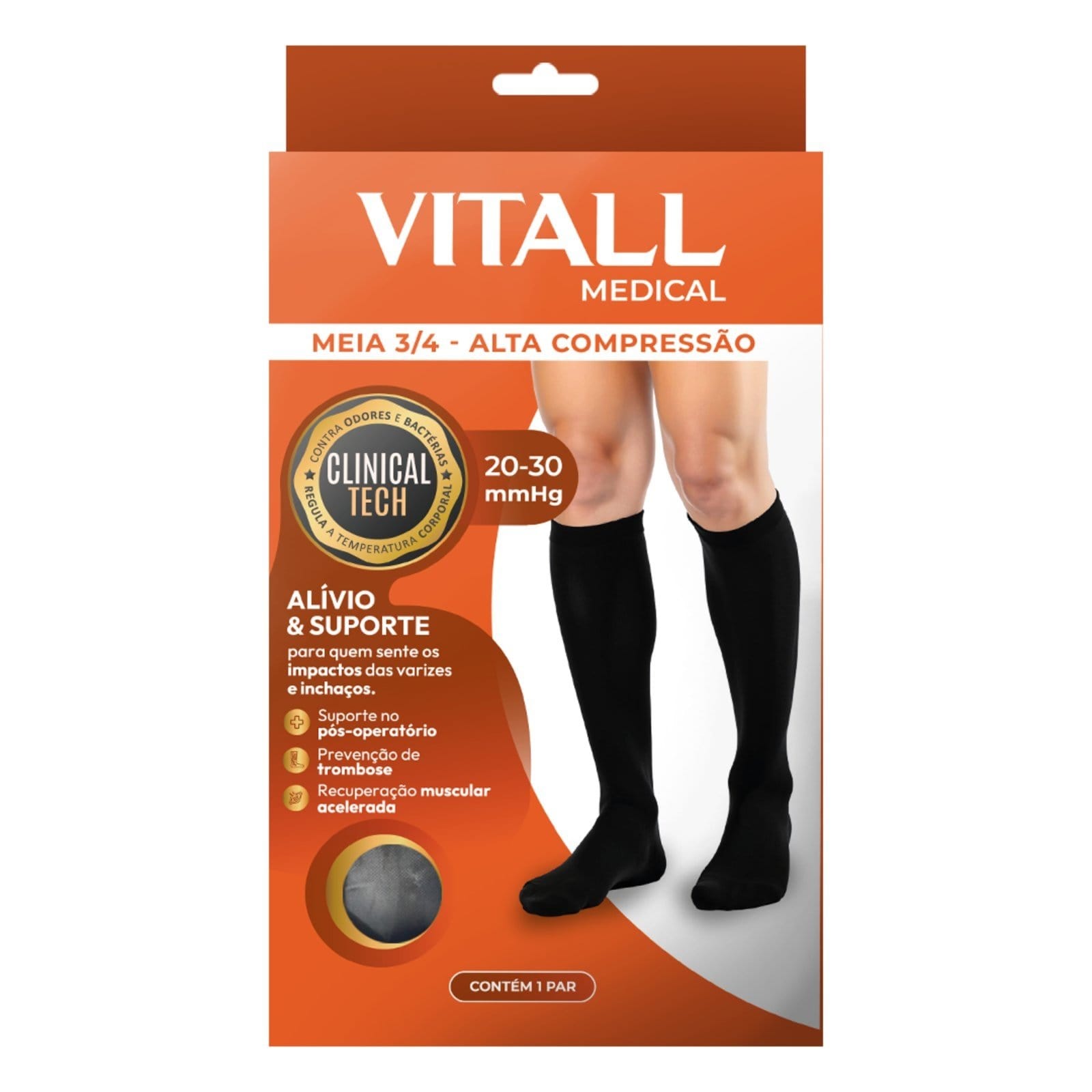Vista 2 Meia 3/4 Vitall Medical Alta Compressão Com Ponteira 20-30 mmHg Masculino 1532 QLC SPORT preto